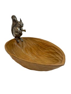 Wood Carved Nut Bowl Catchall with Squirrel Figure German Mid Century Modern