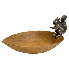 Wood Carved Nut Bowl Catchall with Squirrel Figure German Mid Century Modern