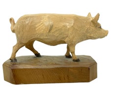 Wood Carved Pig Figurine Statue, Austrian Folk Art, 1940s