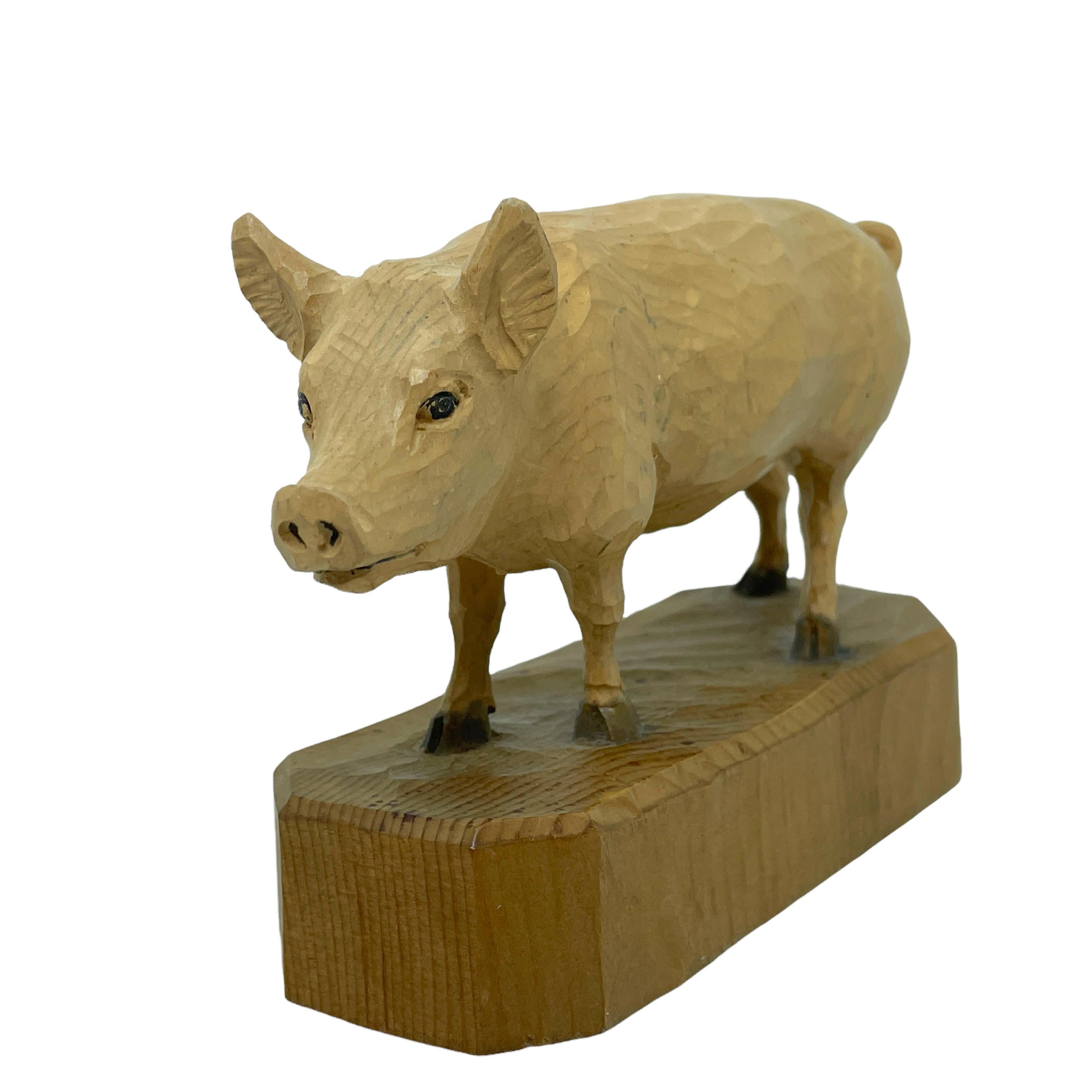 Hand-Carved Wood Carved Pig Figurine Statue, Austrian Folk Art, 1940s