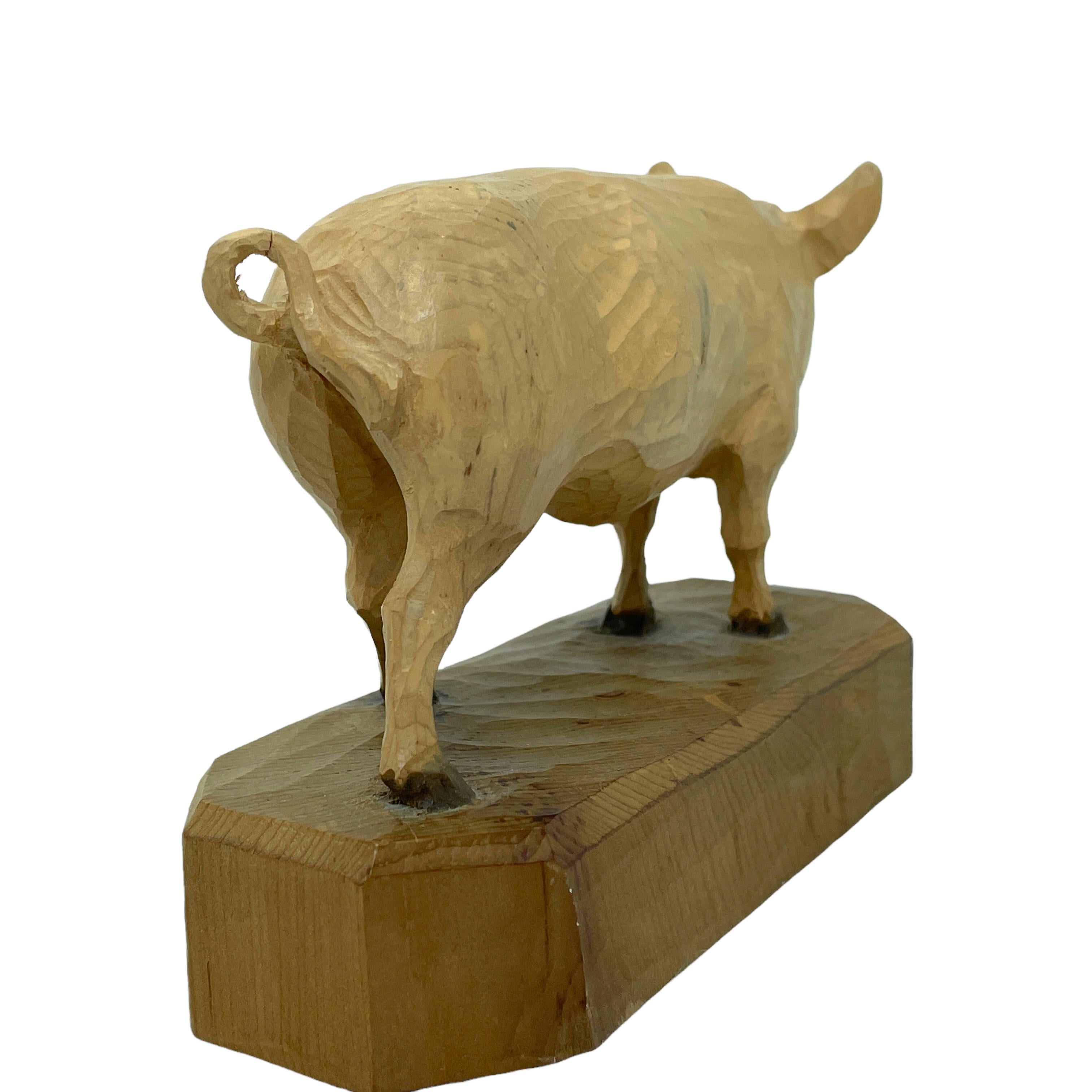 Mid-20th Century Wood Carved Pig Figurine Statue, Austrian Folk Art, 1940s