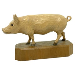 Vintage Wood Carved Pig Figurine Statue, Austrian Folk Art, 1940s