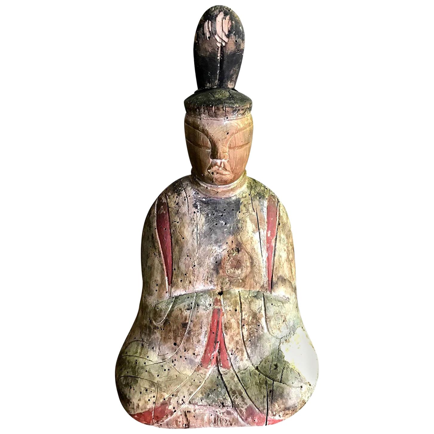 Wood Carved Polychrome Japanese Temple Shrine Shinto Priest Figure, 19th Century