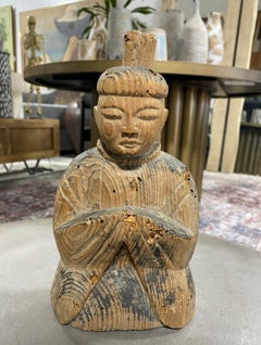 Japanese Wood Carved Polychrome Temple Shrine Shinto Priest Figure, Edo Period