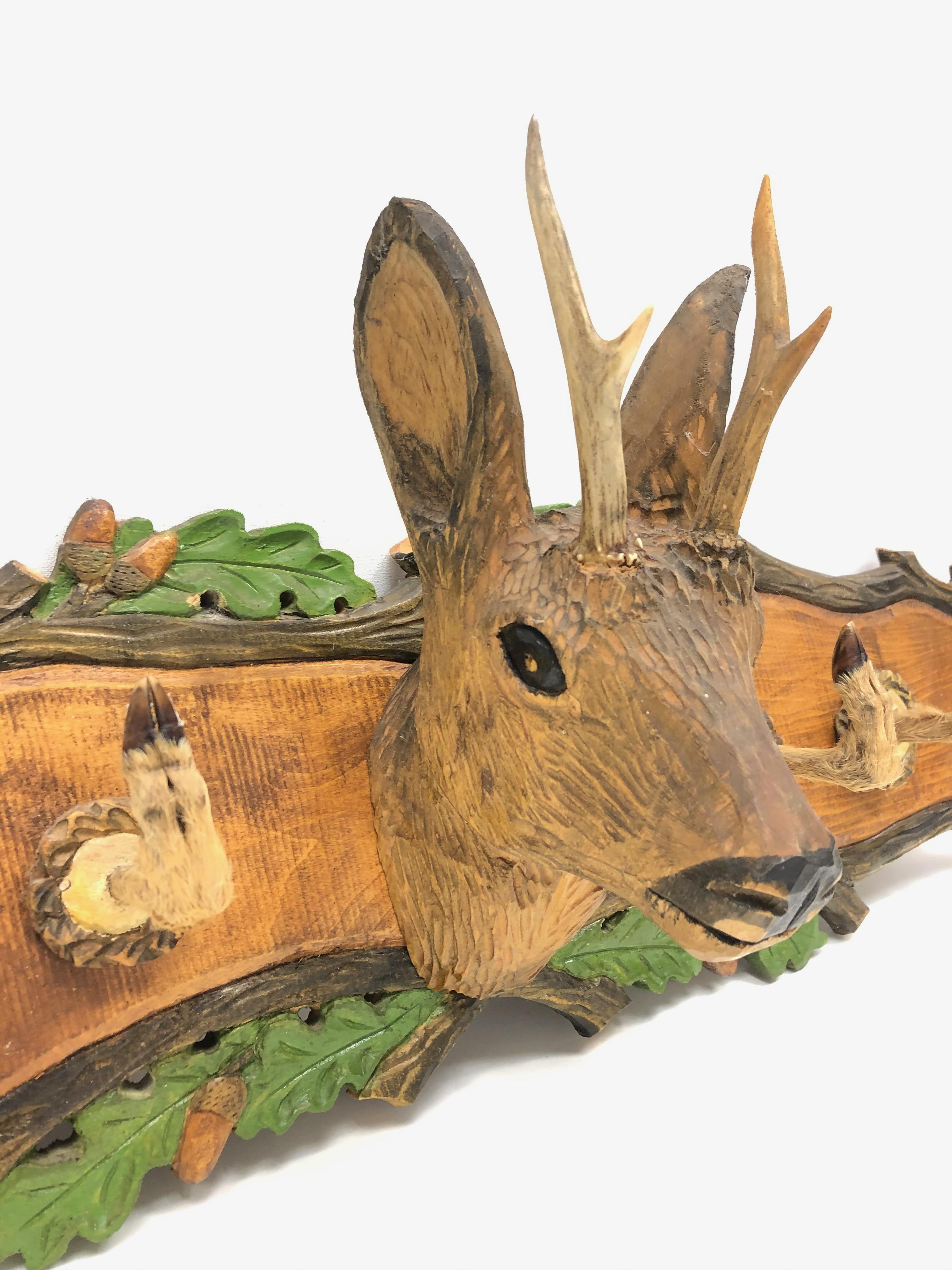 Hand-Carved Wood Carved Folk Art Deer 20th Century German Black Forest Hat Coat Rack, 1930s For Sale