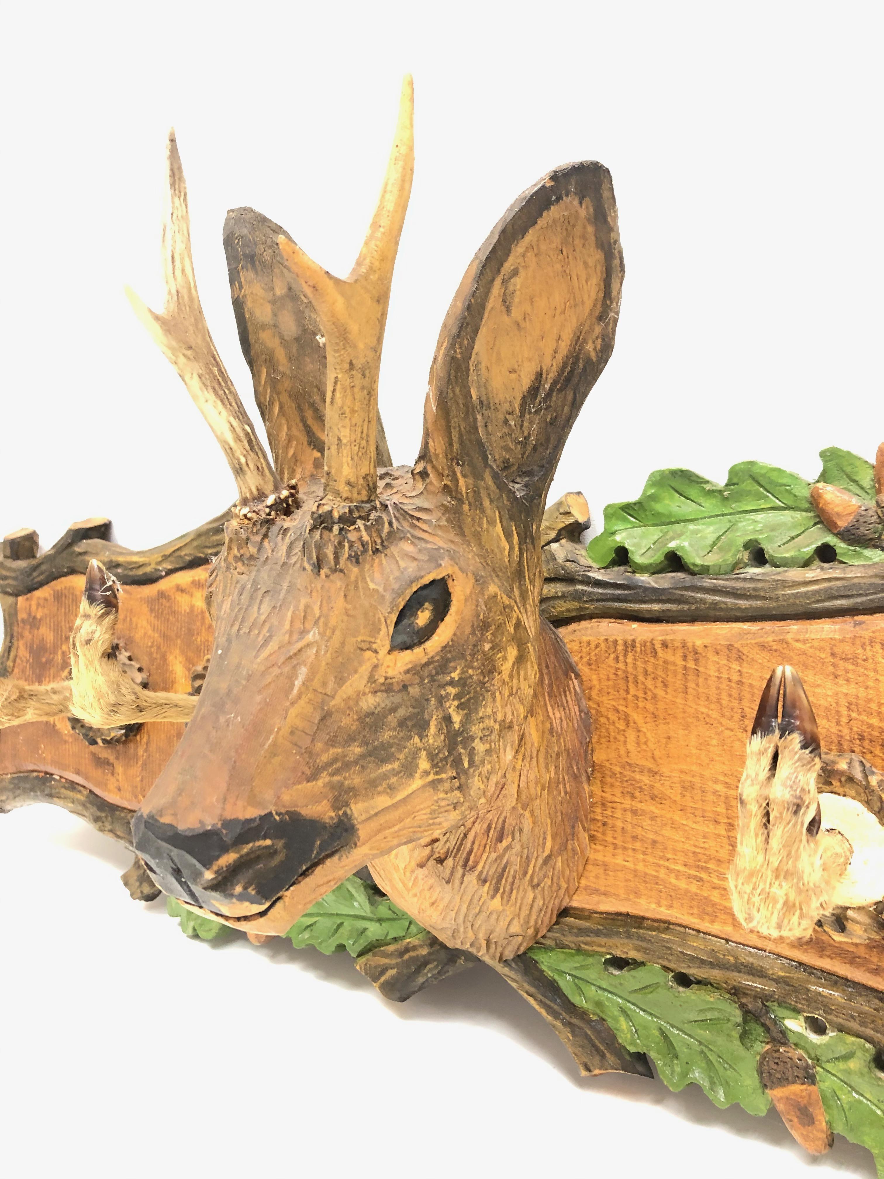 Mid-20th Century Wood Carved Roe Deer 20th Century German Black Forest Hat Coat Rack, 1930s