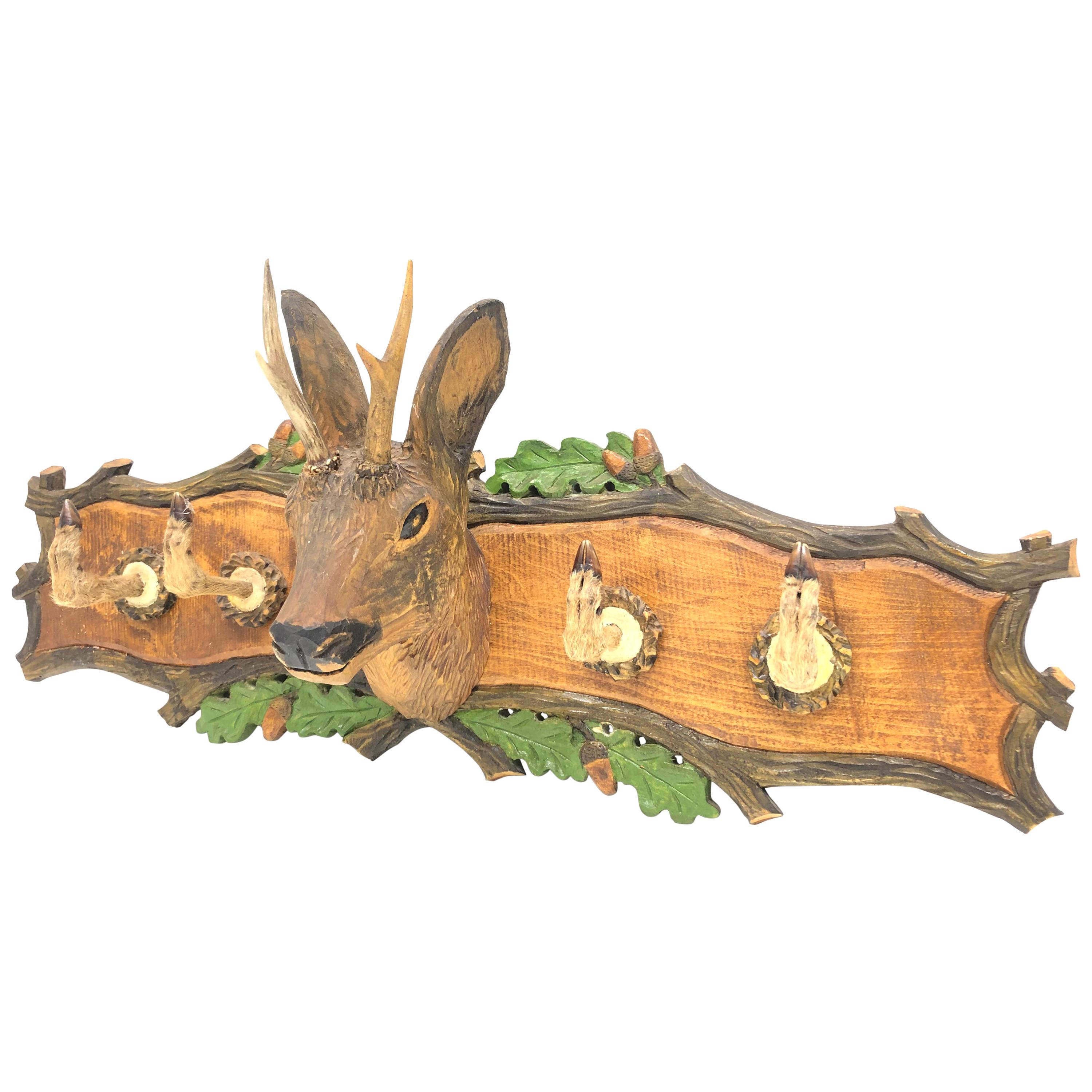 Wood Carved Folk Art Deer 20th Century German Black Forest Hat Coat Rack, 1930s For Sale