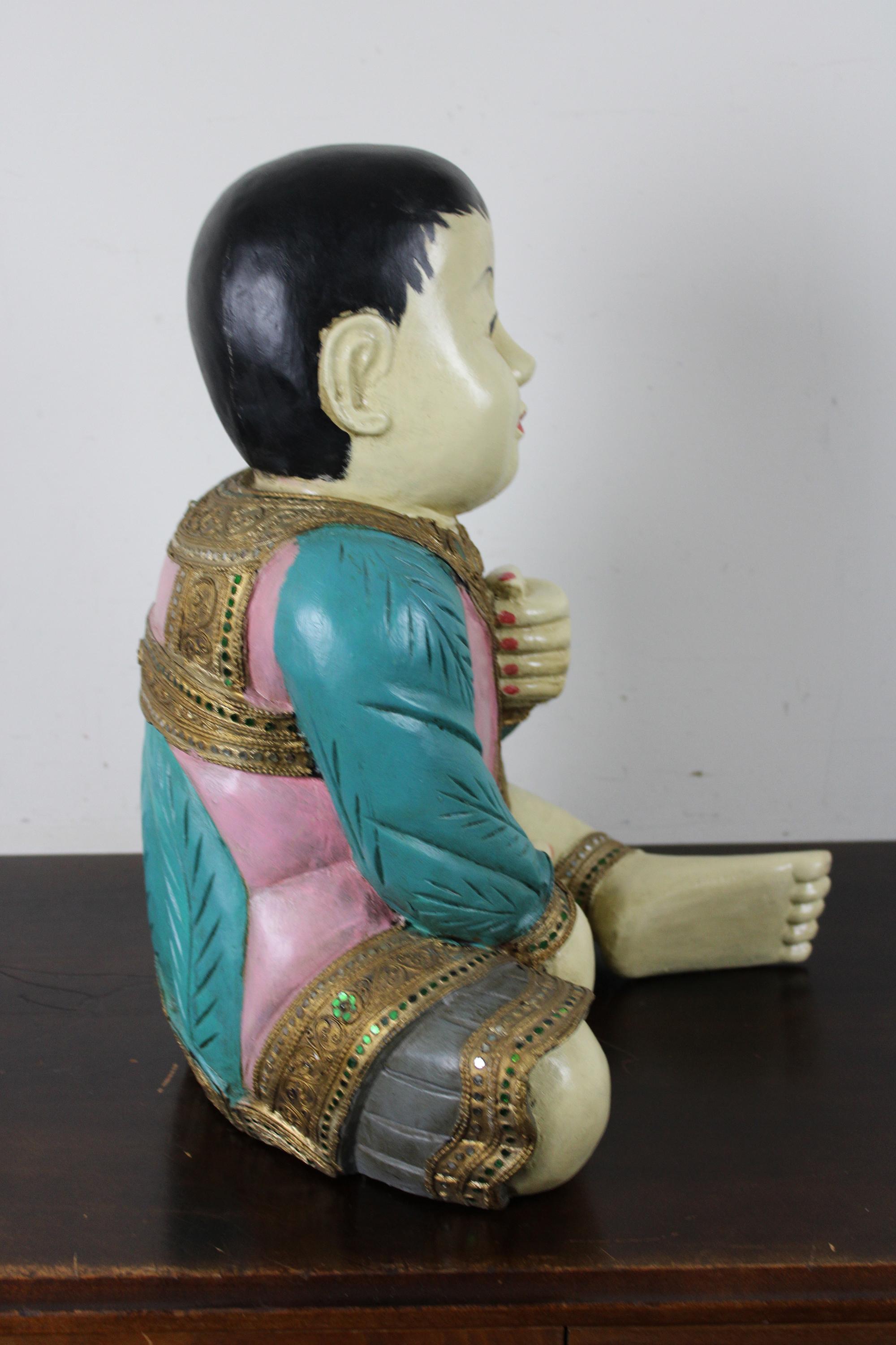 20th Century Wood Carved Seated Asian Baby Sculpture Jeweled Lacquered Thailand For Sale
