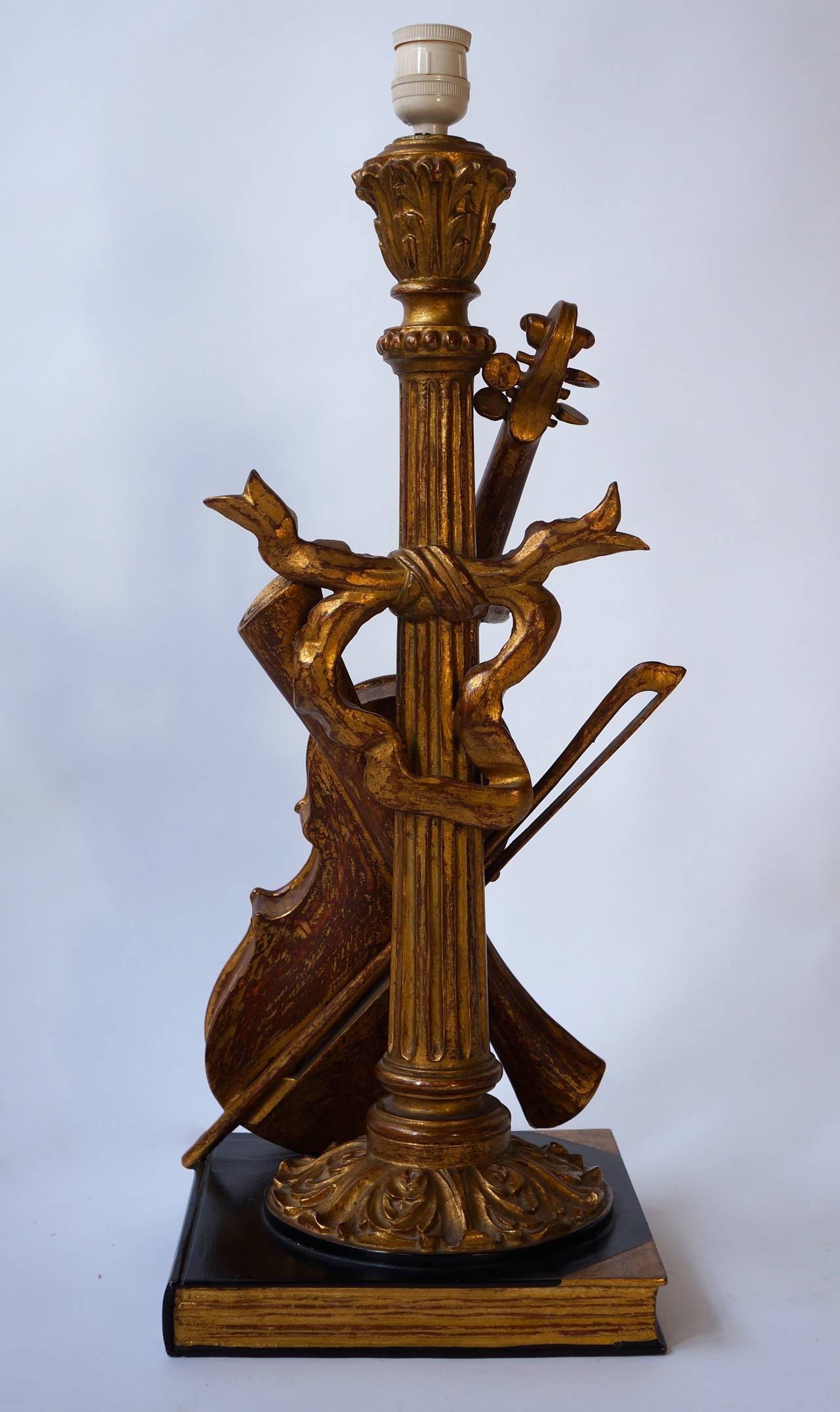 Hollywood Regency Wood Carved Table Lamp with Violin For Sale