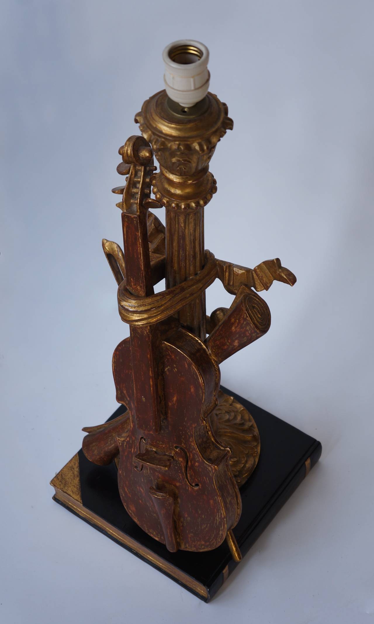 Italian Wood Carved Table Lamp with Violin For Sale