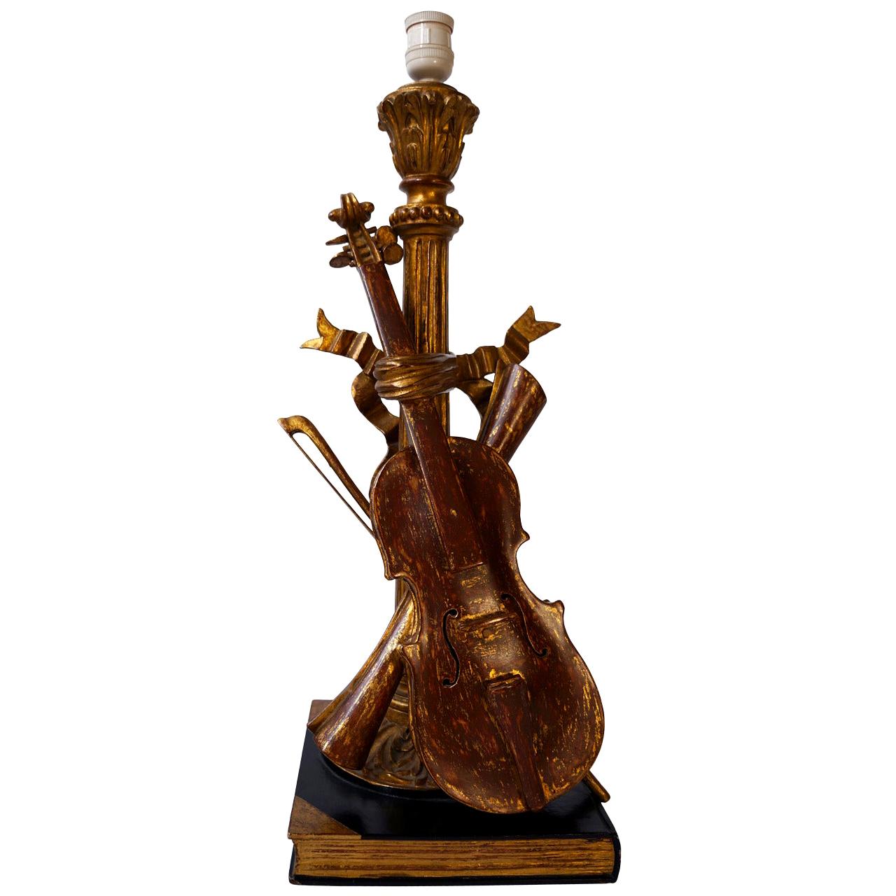 Wood Carved Table Lamp with Violin