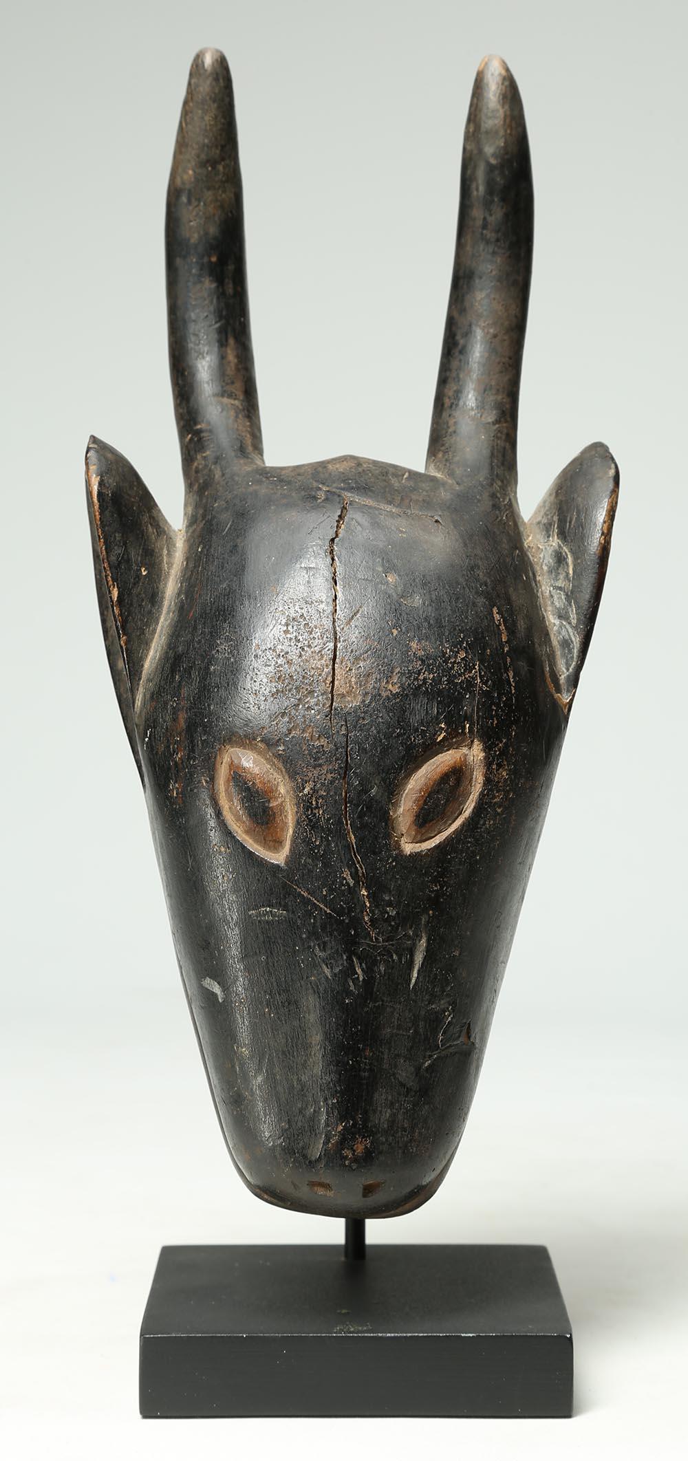 Ivorian Wood Carved Tribal Miniature Antelope Mask, Guro, Ivory Coast, Africa on Stand