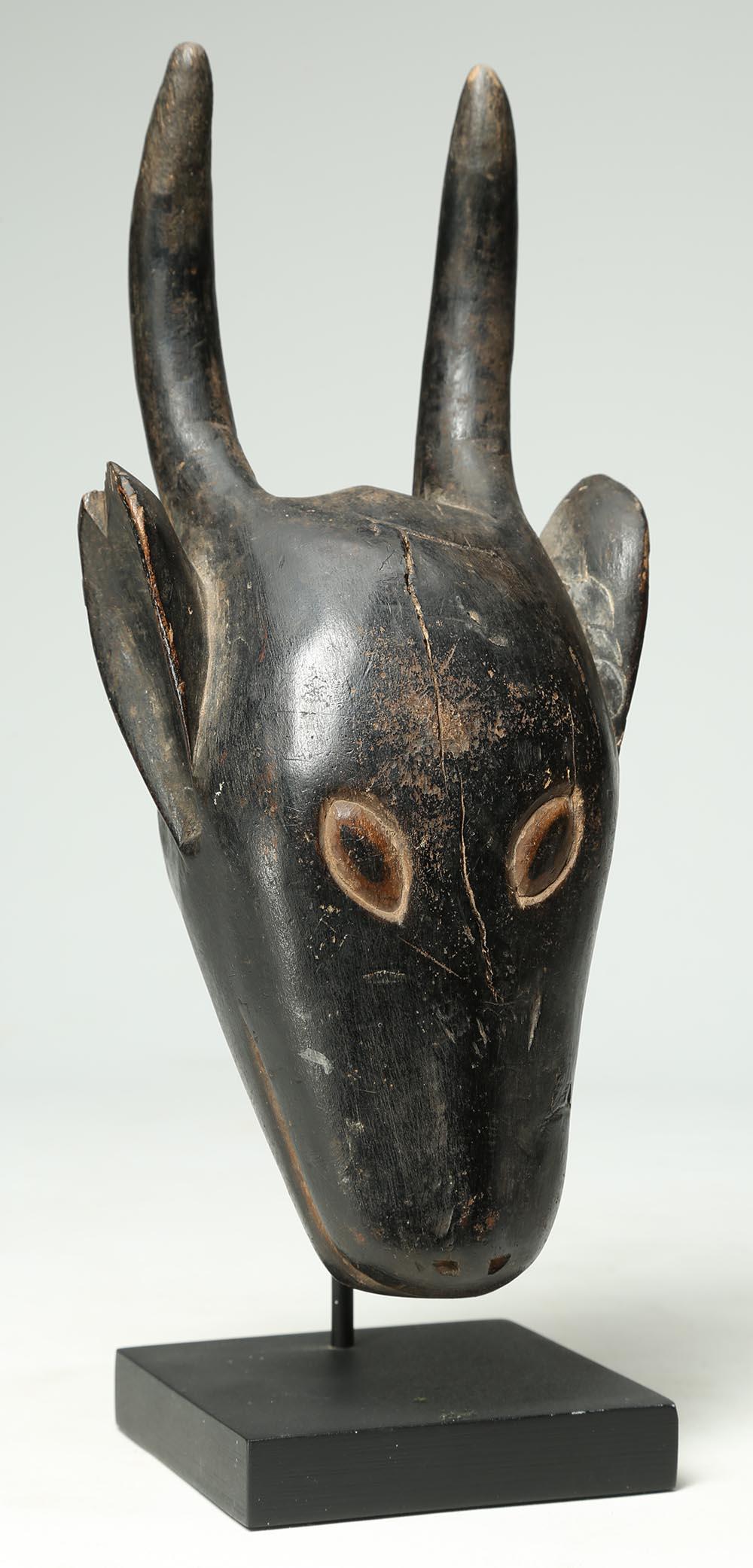 Hand-Carved Wood Carved Tribal Miniature Antelope Mask, Guro, Ivory Coast, Africa on Stand