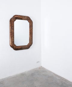 Wood carved Trompe L’oeil Wall Mirror Bronze, Italy, circa 1970