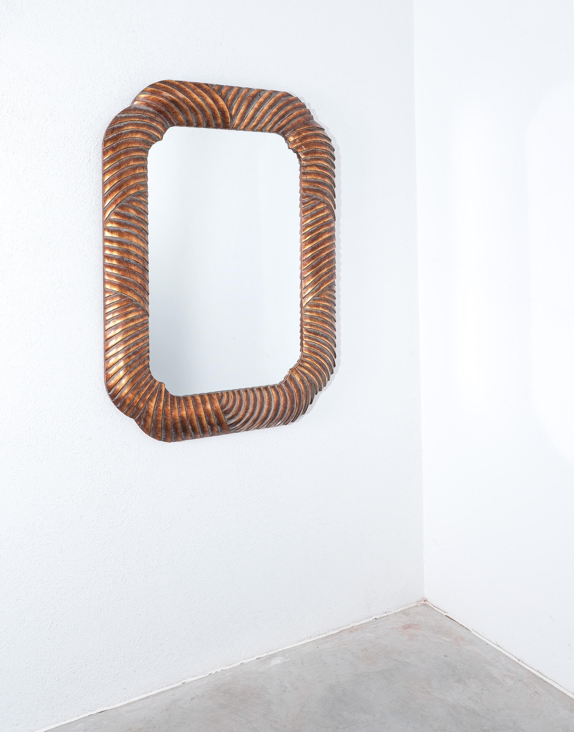Mid-Century Modern Wood carved Trompe L’oeil Wall Mirror Bronze, Italy, circa 1970 For Sale