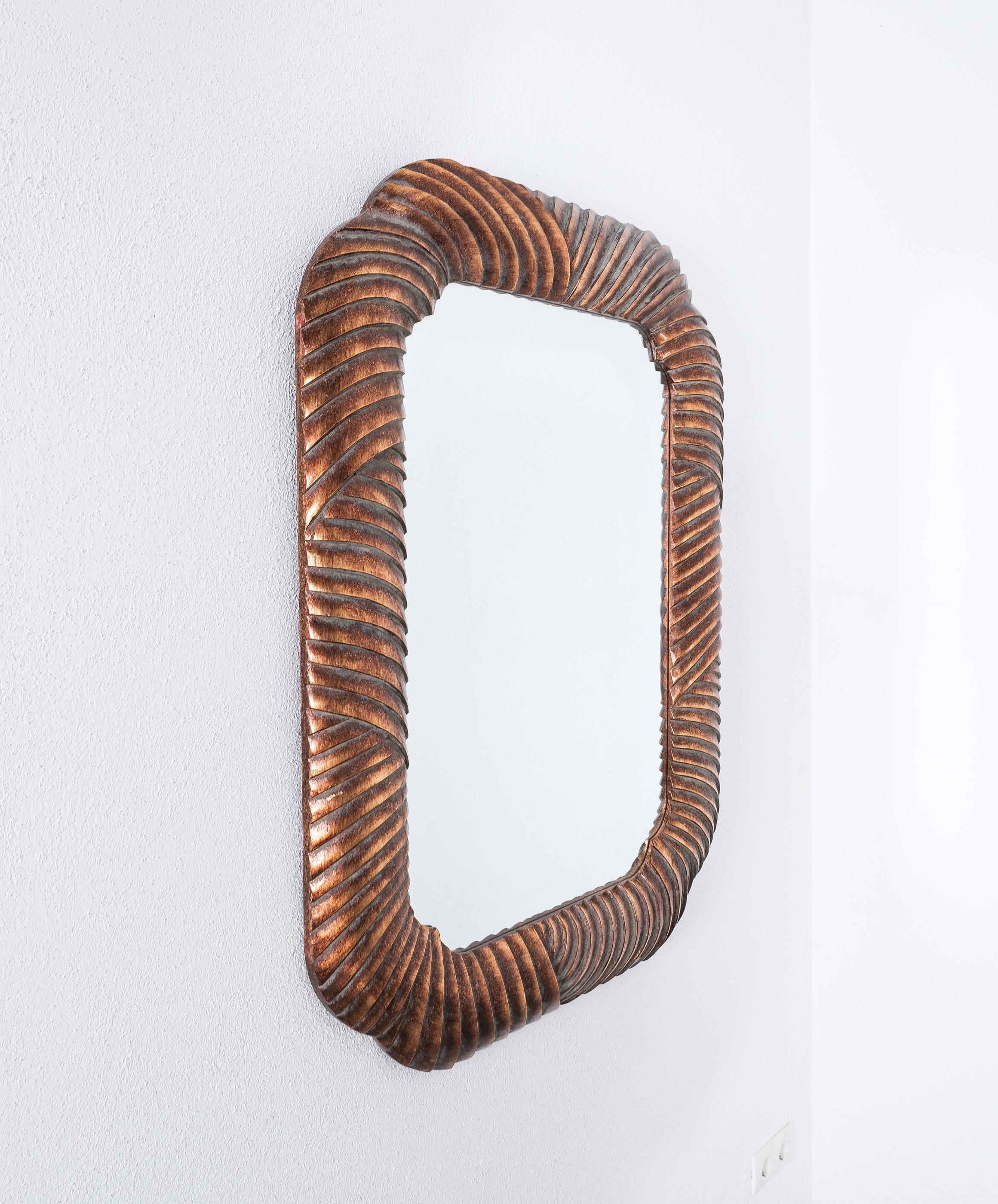 Wood carved Trompe L’oeil Wall Mirror Bronze, Italy, circa 1970 For Sale 2