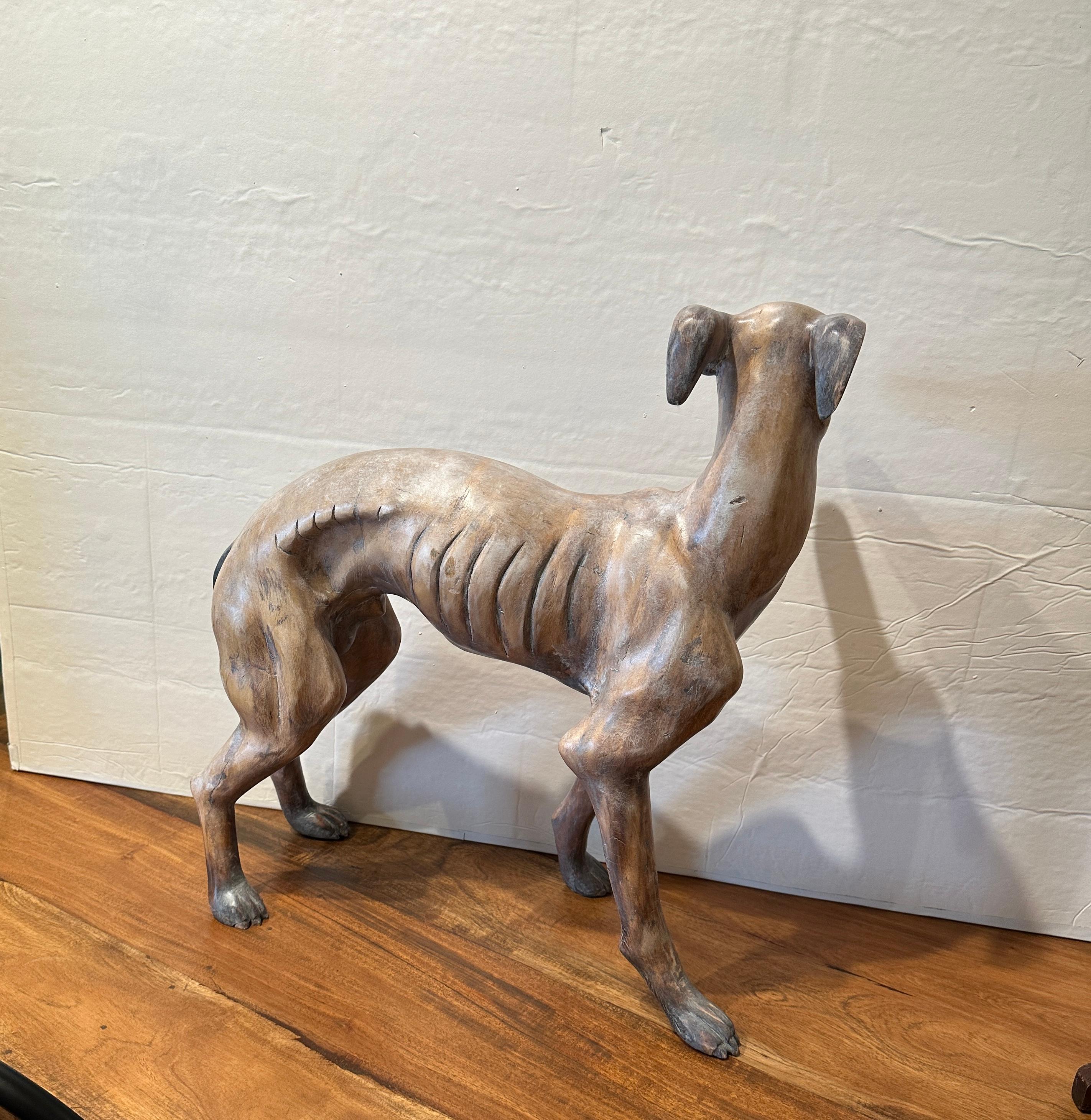 Wood Carved Whippet Dog Sculpture  In Good Condition For Sale In Summerland, CA