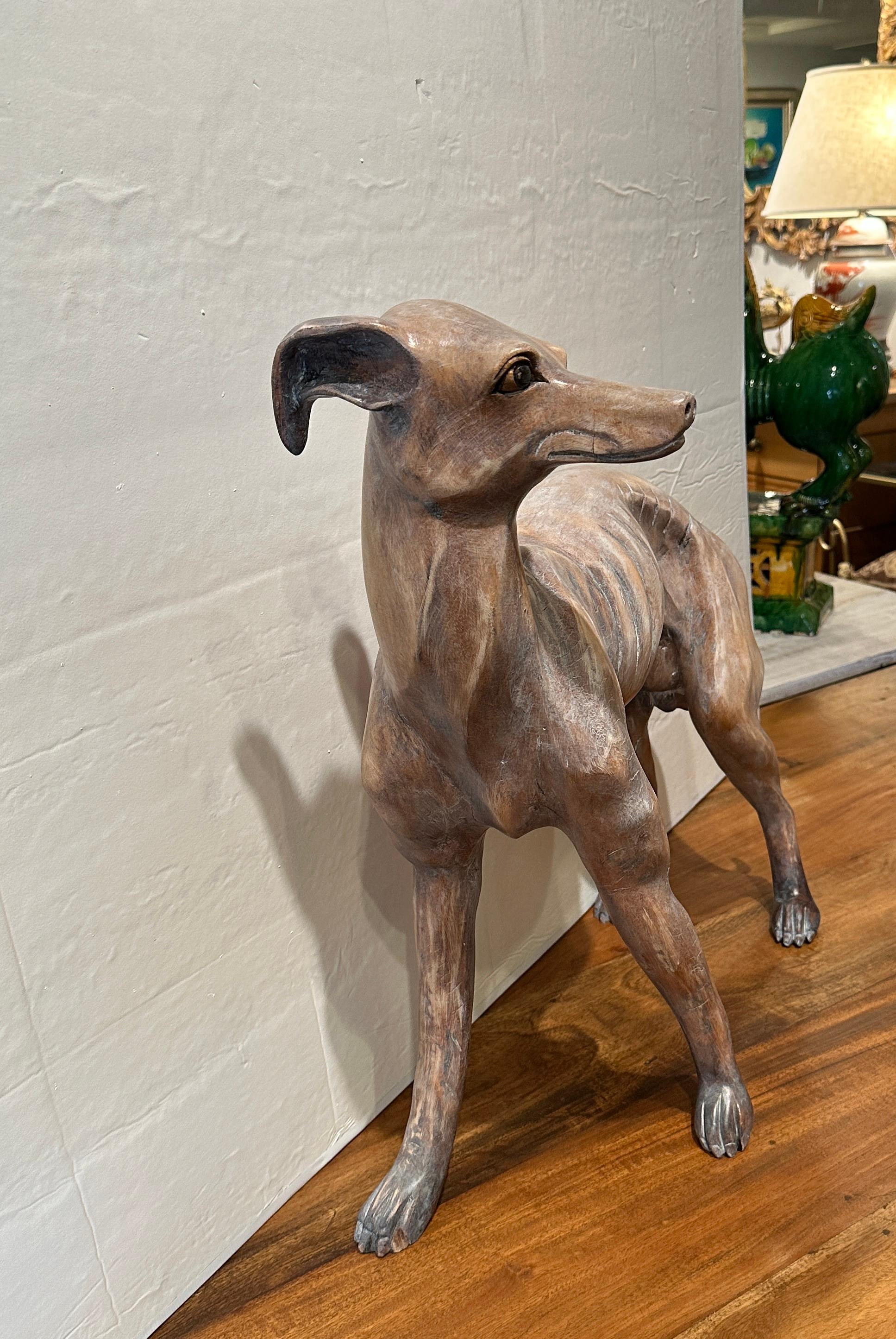 Wood Carved Whippet Dog Sculpture In Good Condition For Sale In Summerland, CA