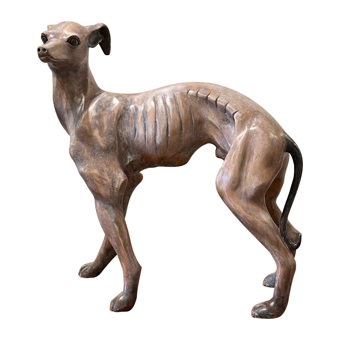 Wood Carved Whippet Dog Sculpture For Sale