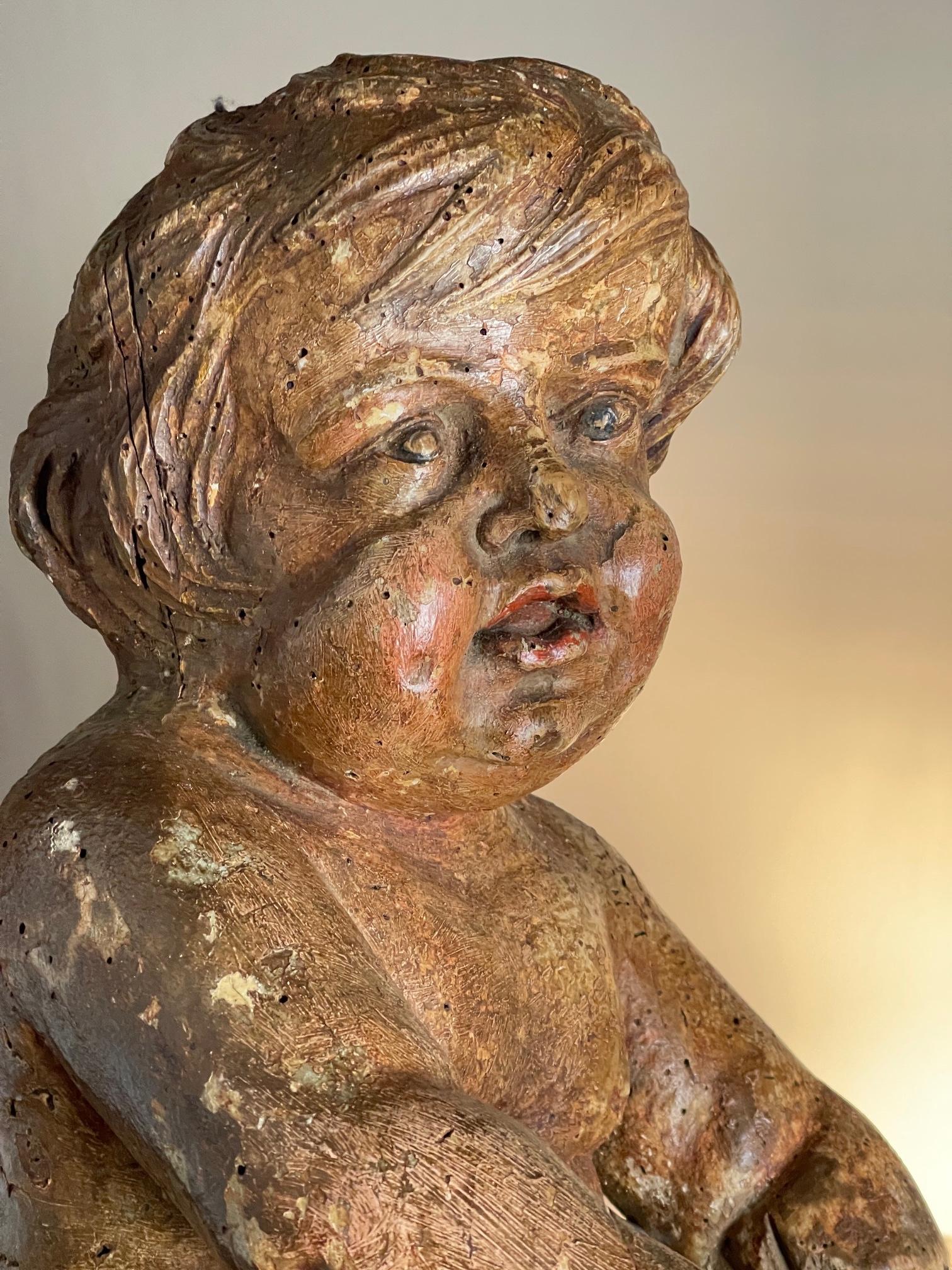 Wood carving of a putti Circa 1650
C1650 wood carving of a putti retaining polychrome decoration.

Size 60 cms high 30cms wide and 26cms deep
