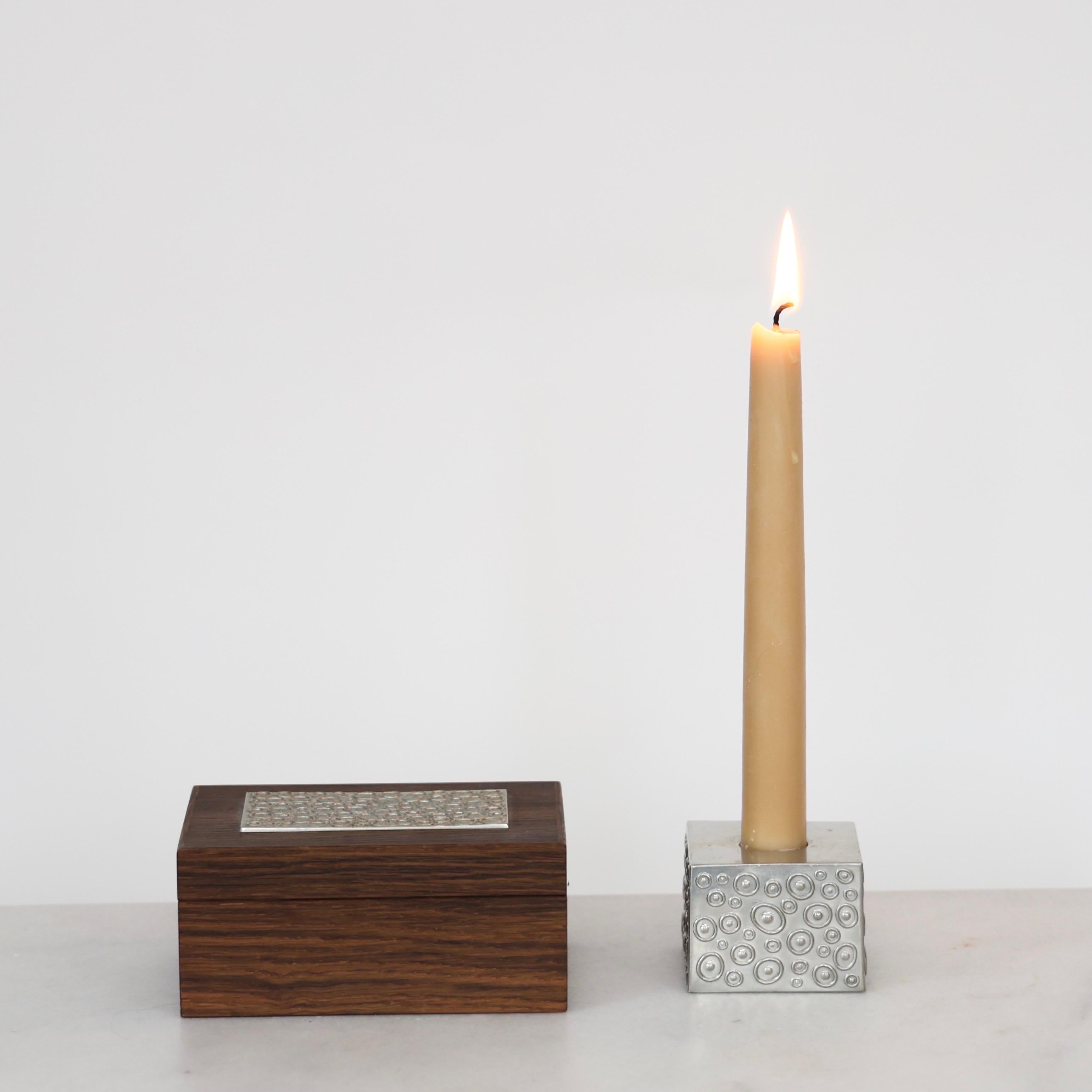 Mid-20th Century Wood Casket and Pewter Candlestick Holder by Just Andersen, 1950s, Denmark For Sale