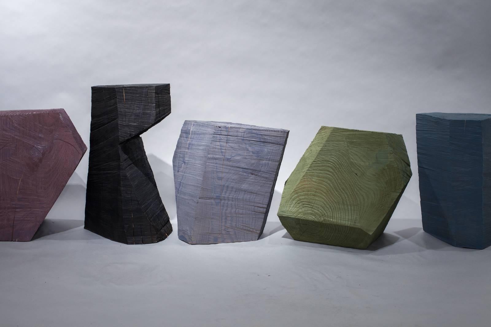 These sculptural geometric stumps are cut with a chainsaw leaving behind a unique surface texture that tells the story of how it was made. Use as a special side table or stool in your home.

All stools are heat treated before being painted to