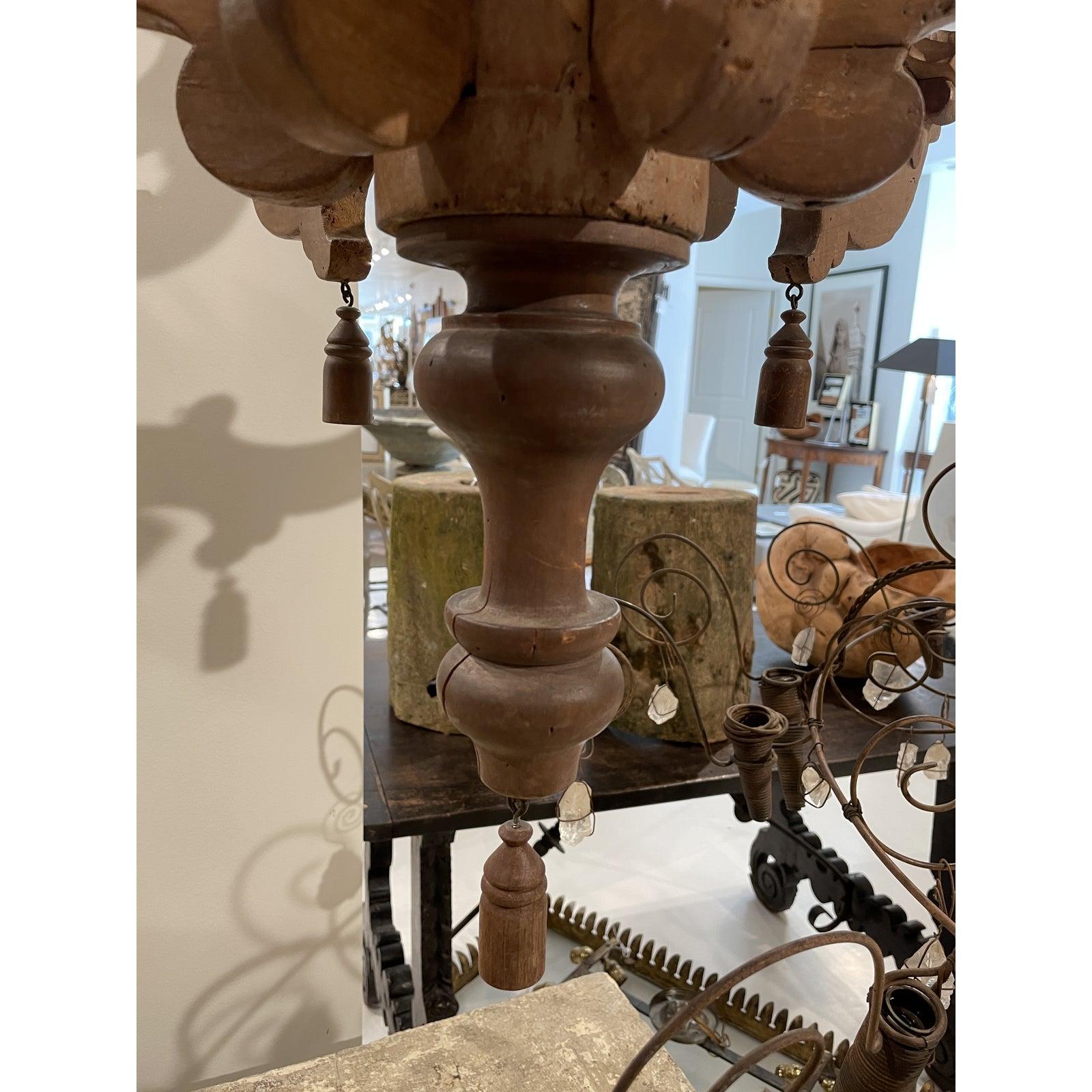  Wood Chandelier, 12 Arms with Tassels, 19th Century In Fair Condition In New Orleans, LA