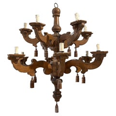 Antique  Wood Chandelier, 12 Arms with Tassels, 19th Century