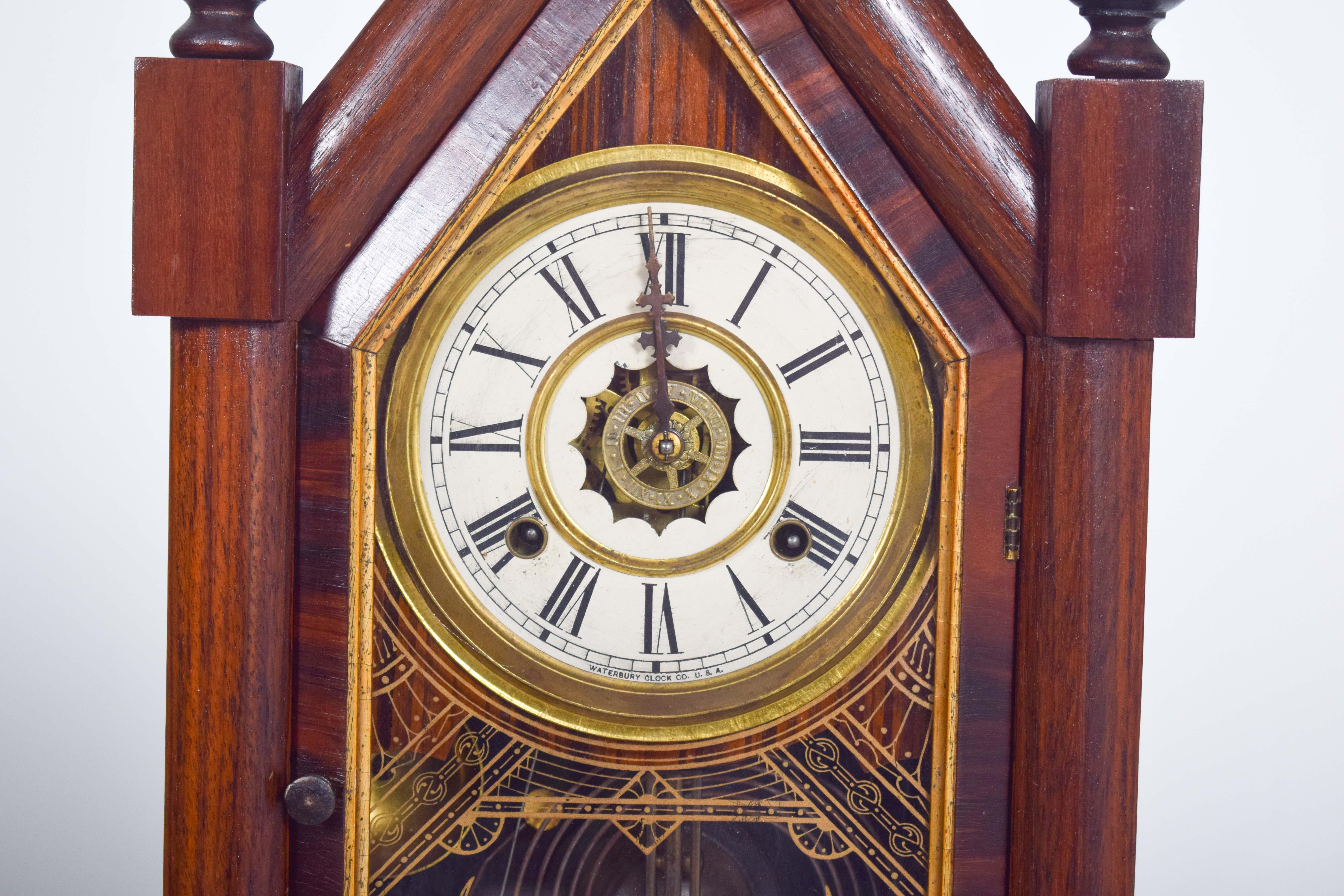 Rococo Wood Chapel Clock, Made in the USA by Waterbury Clock CO For Sale