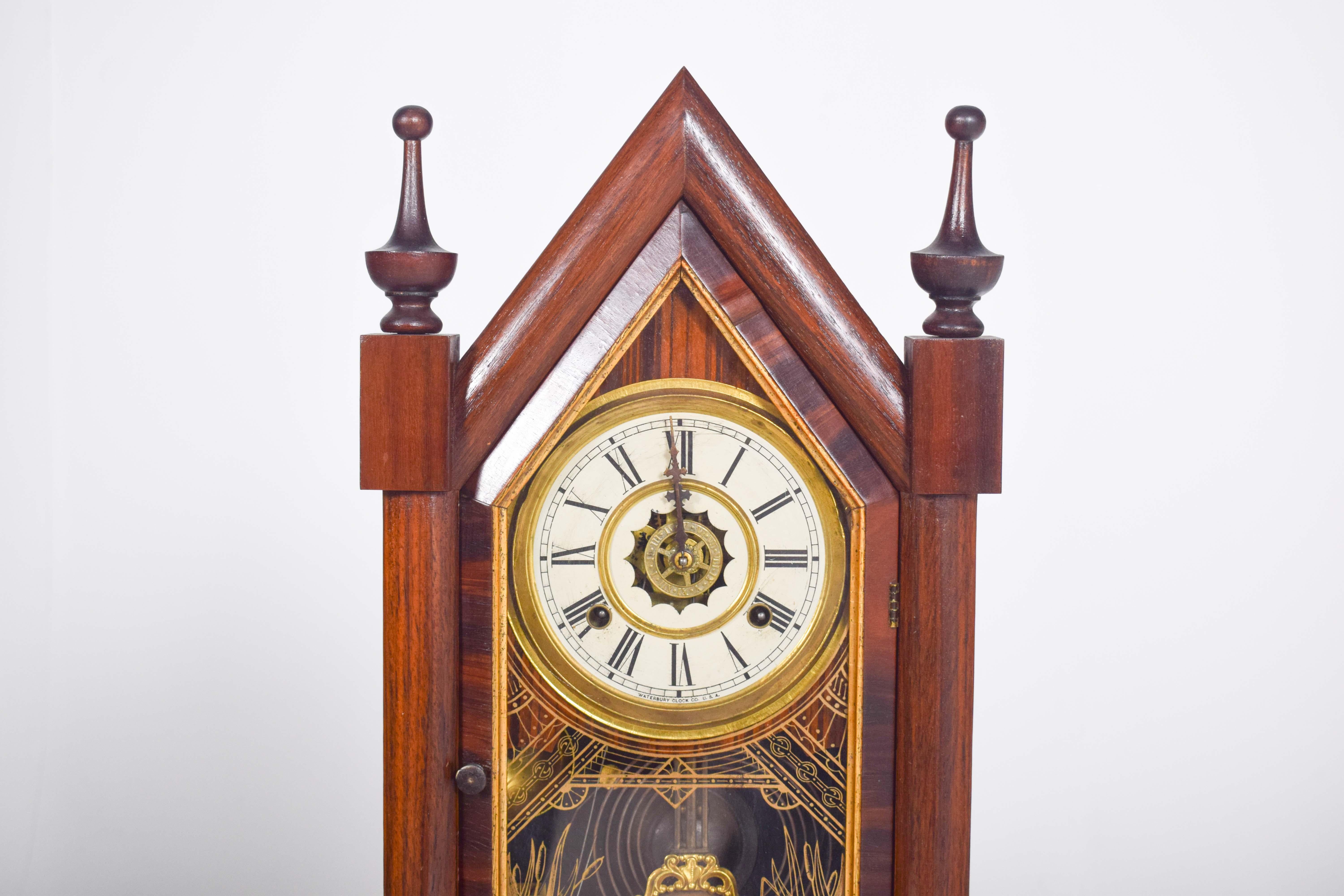American Wood Chapel Clock, Made in the USA by Waterbury Clock CO For Sale