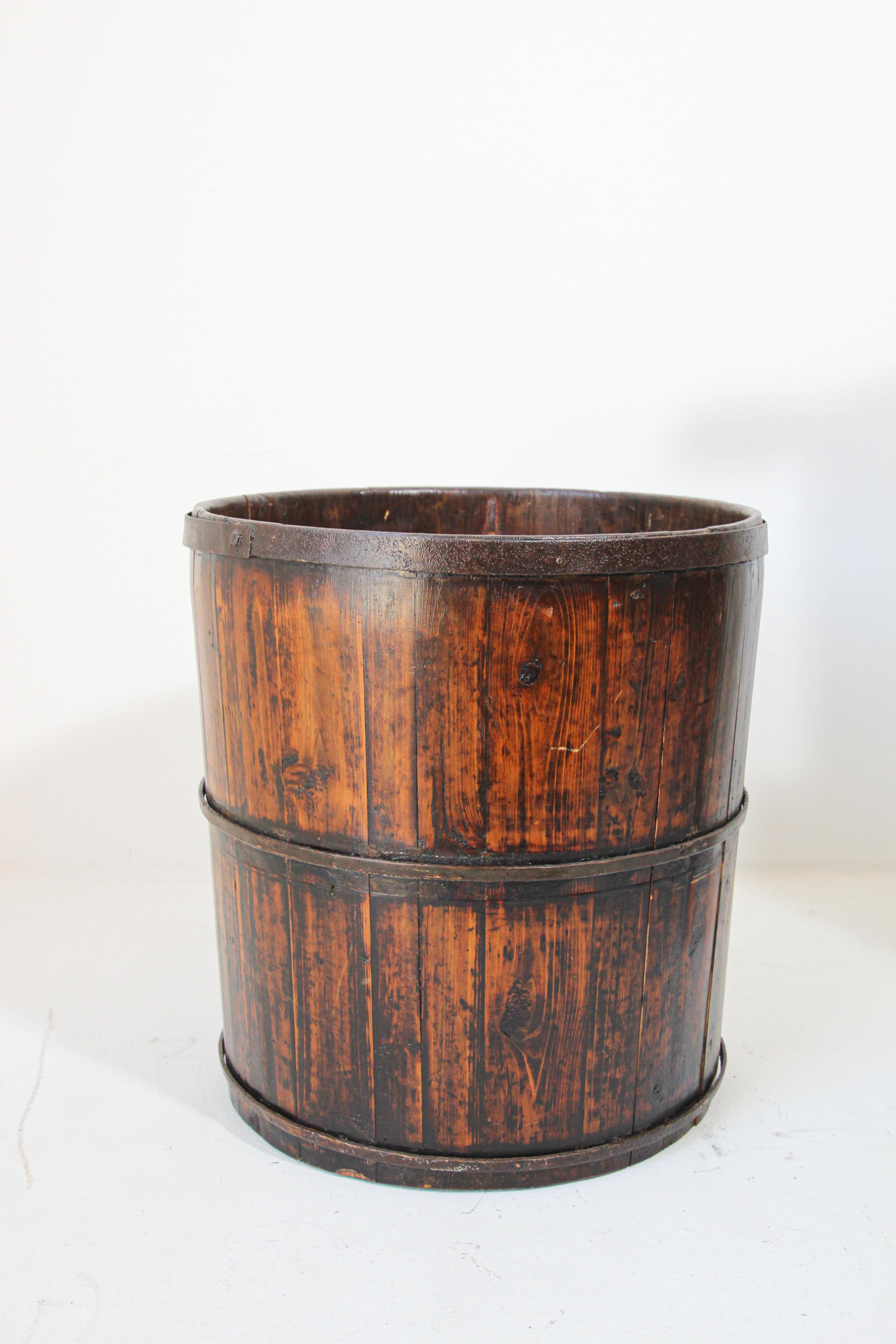 Asian Chinese Export Wood Bucket with Wrought Iron Bands 10