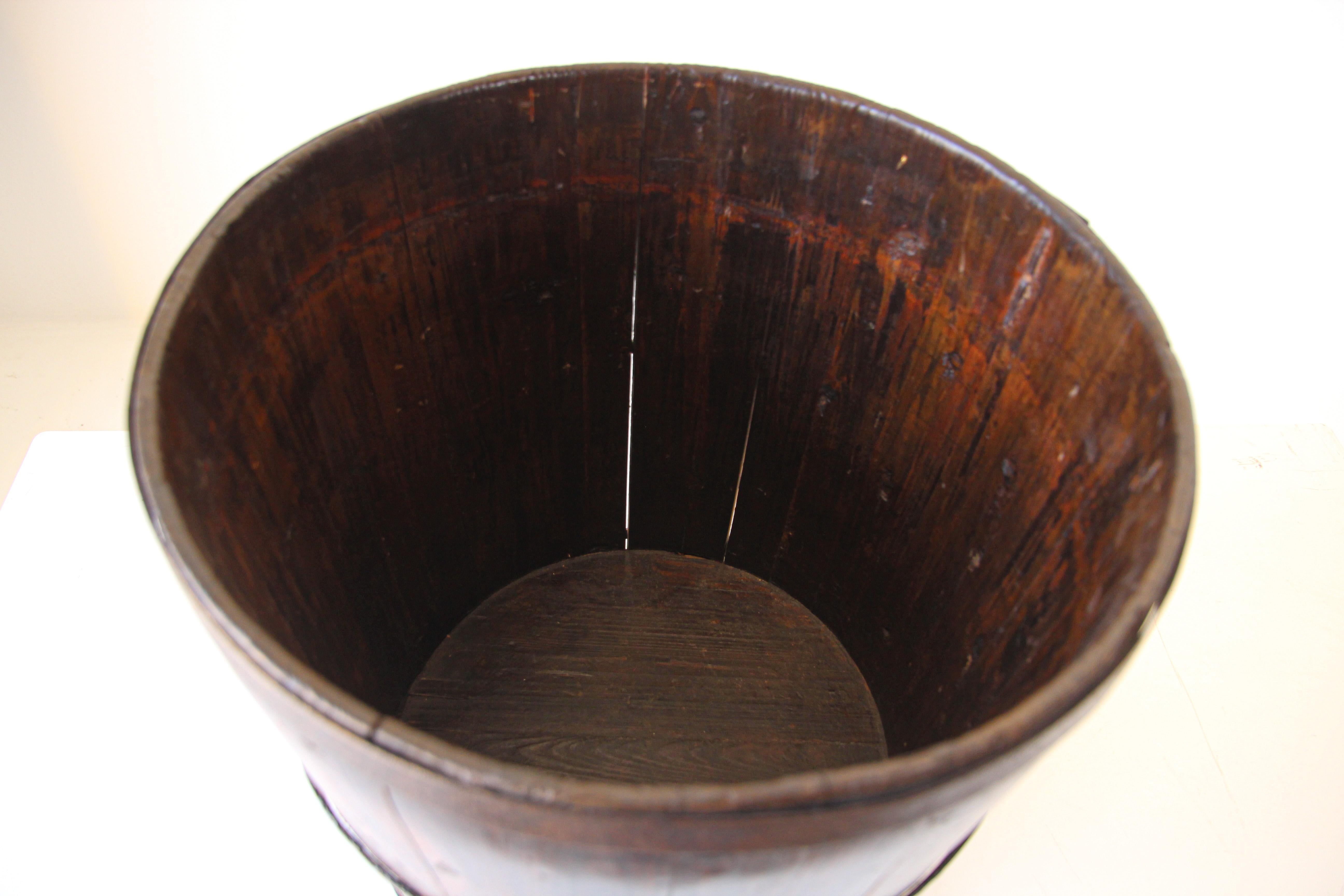 20th Century Asian Chinese Export Wood Bucket with Wrought Iron Bands