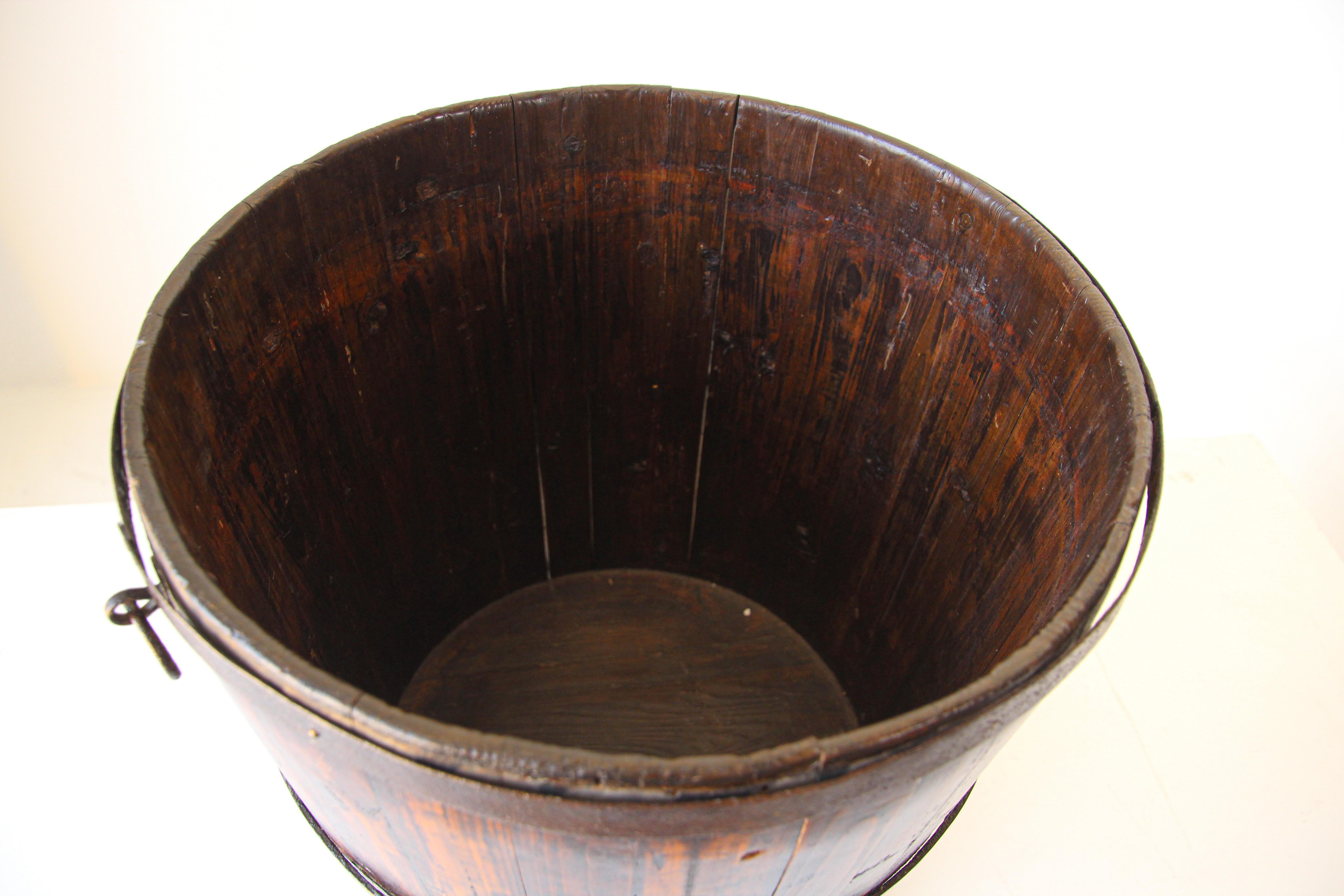 Asian Chinese Export Wood Bucket with Wrought Iron Bands 1