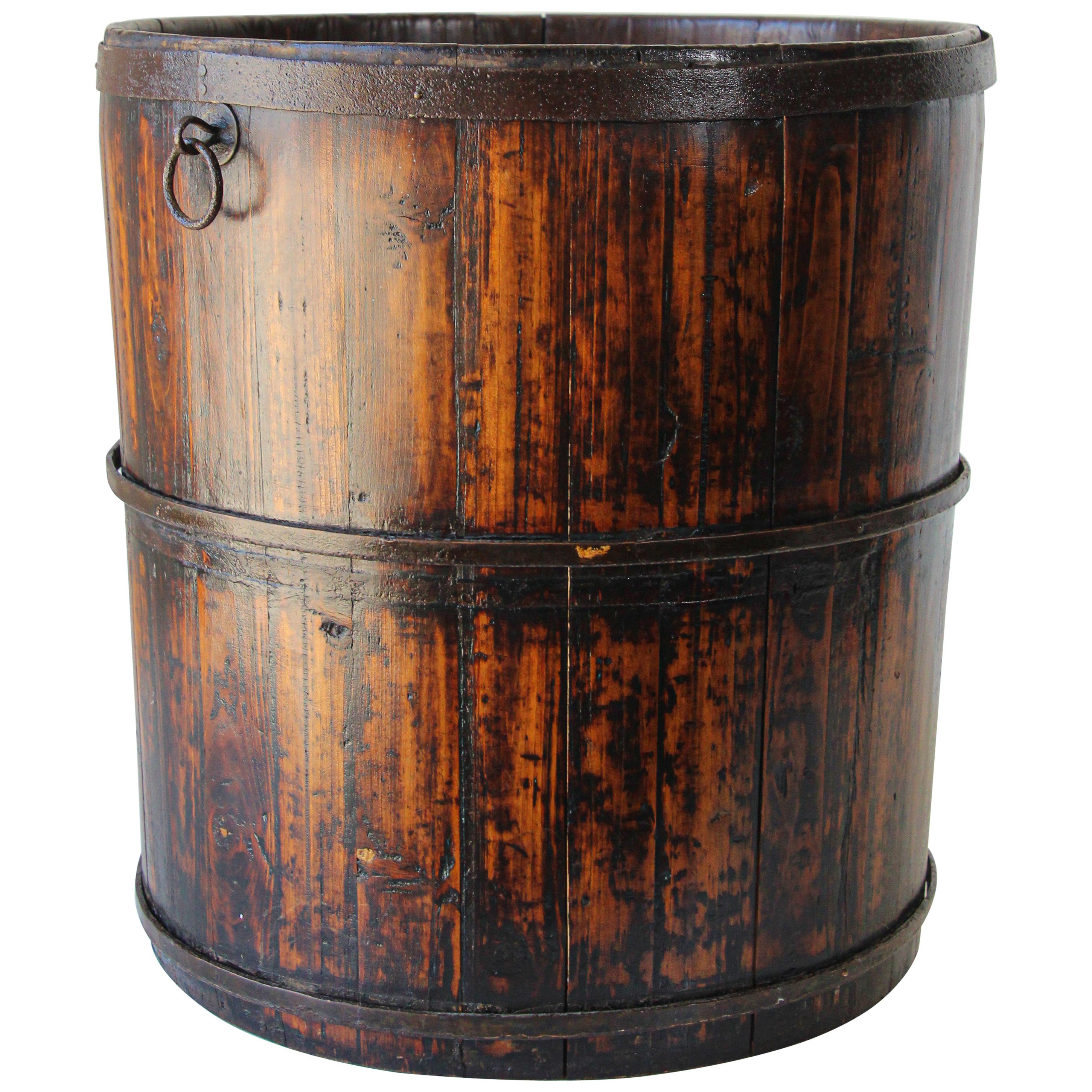 Asian Chinese Export Wood Bucket with Wrought Iron Bands