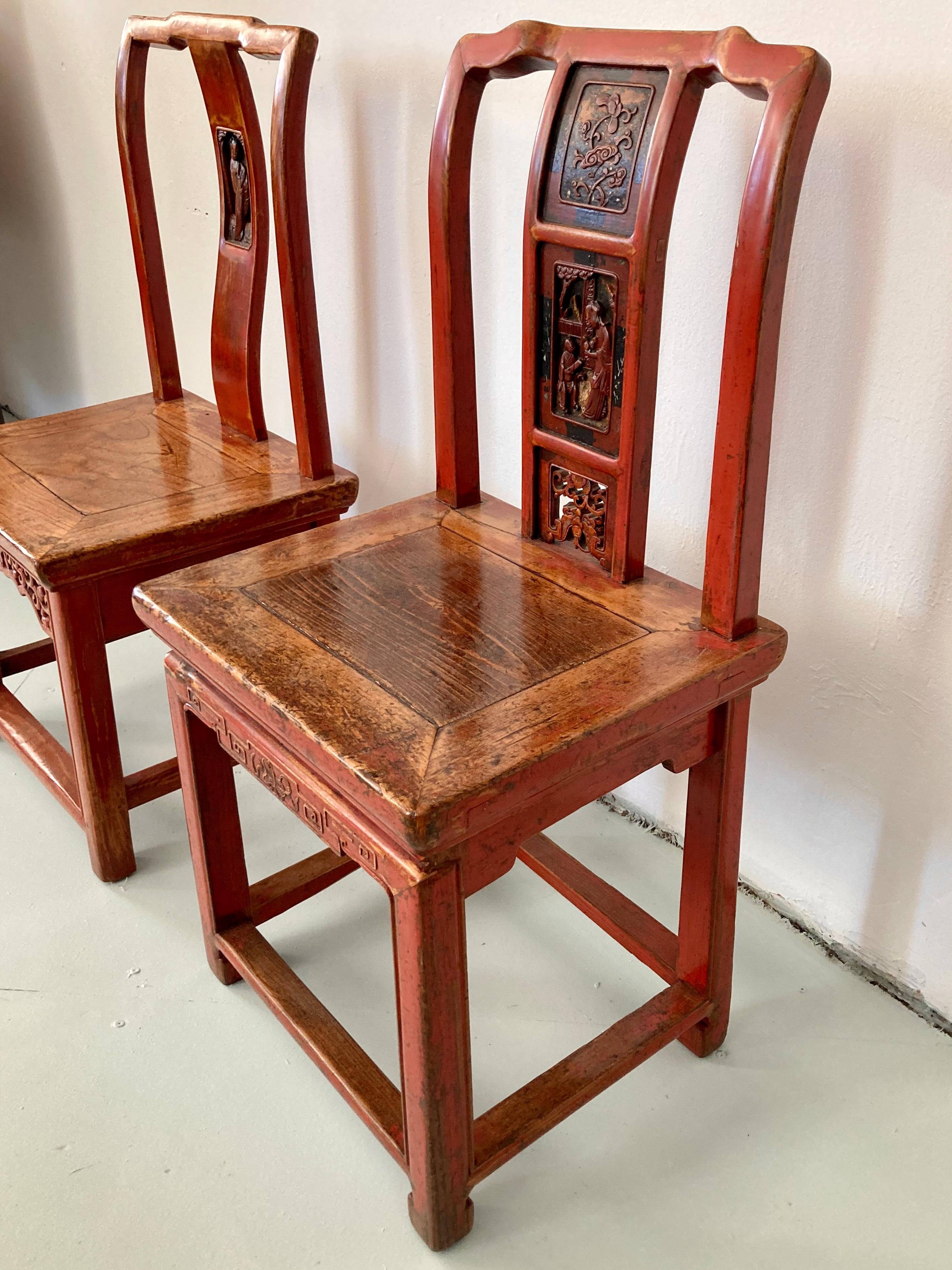 Wood Chinese Red Side Chairs, a Pair For Sale 5
