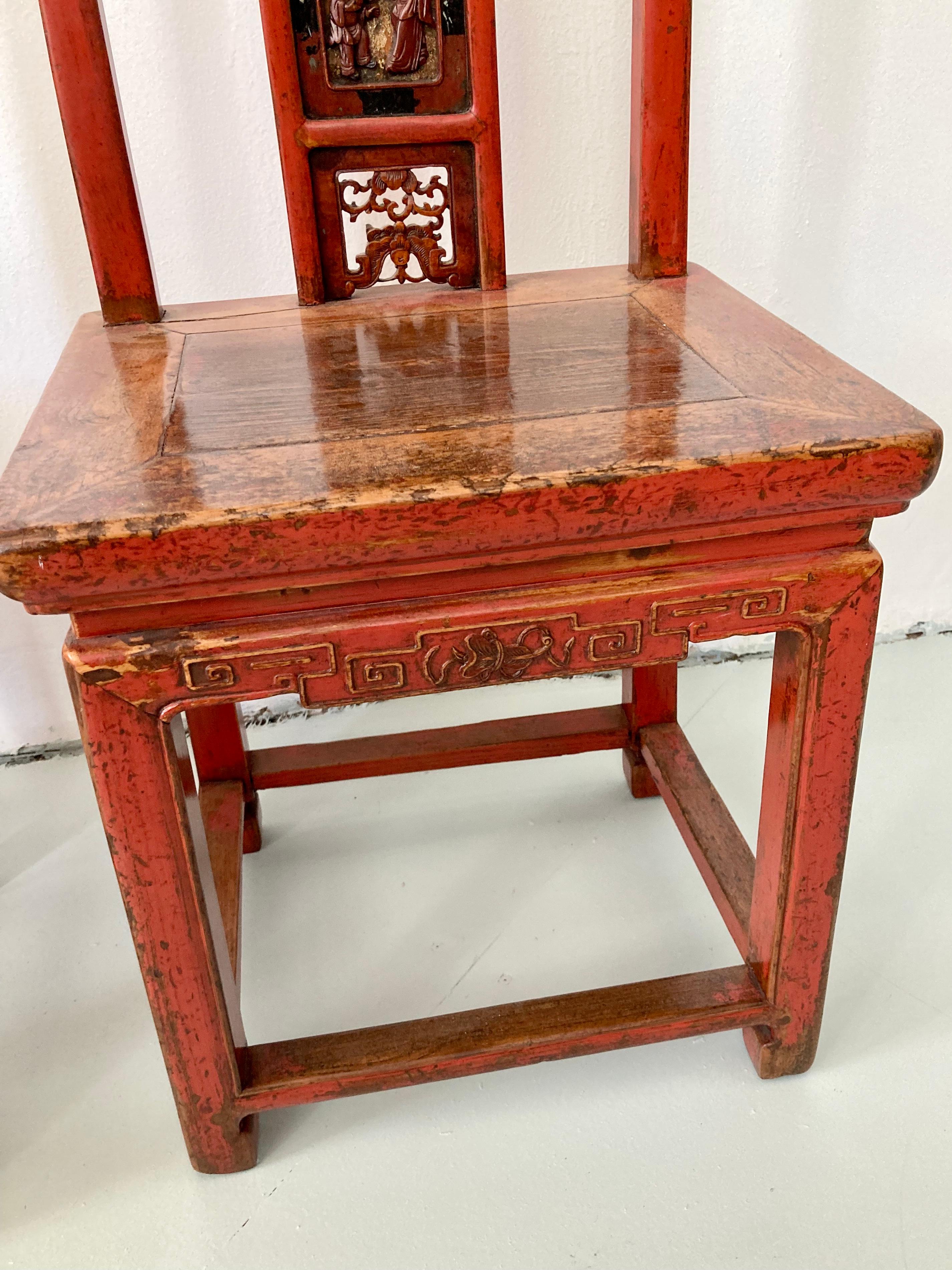 Wood Chinese Red Side Chairs, a Pair For Sale 7