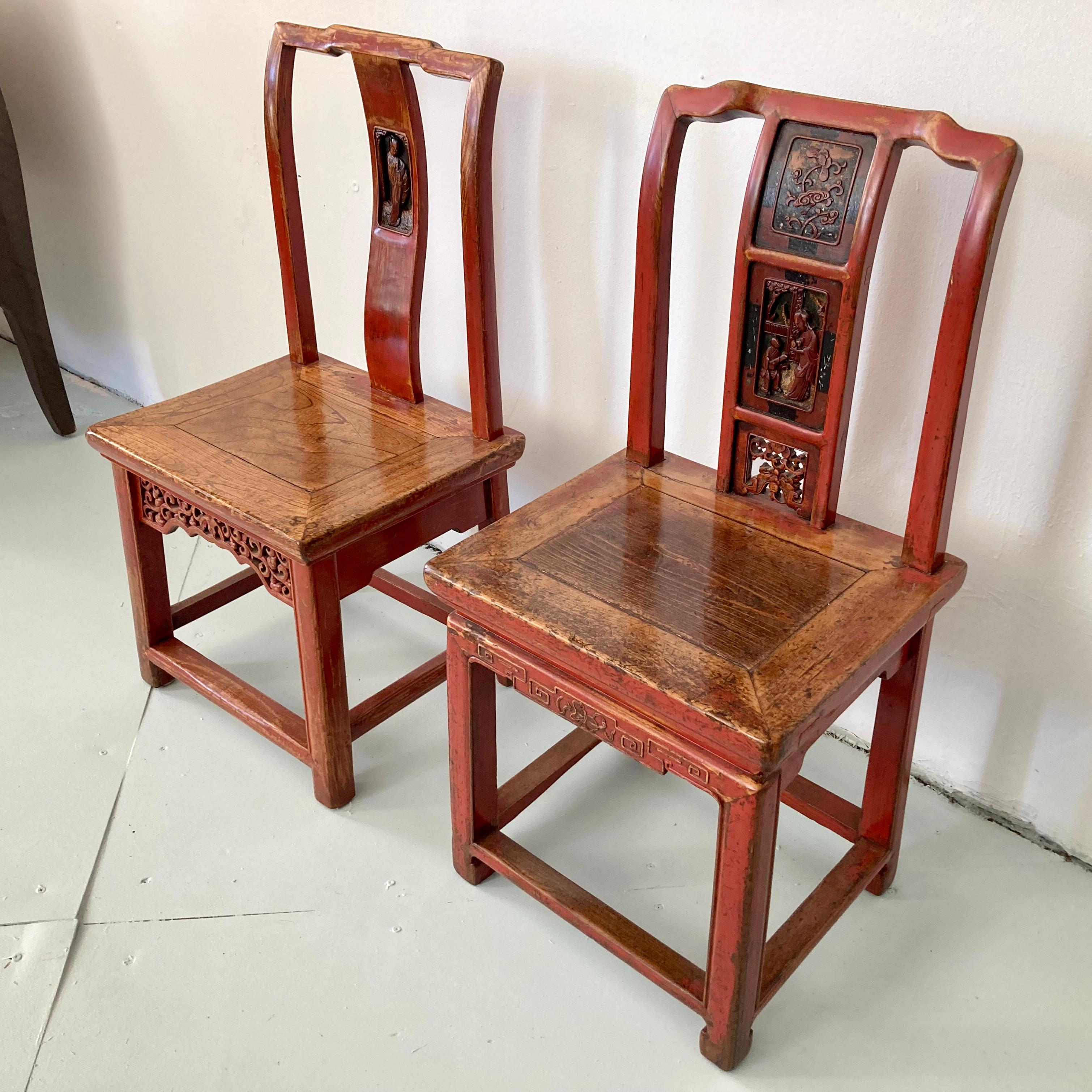 Wood Chinese Red Side Chairs, a Pair In Good Condition For Sale In Los Angeles, CA