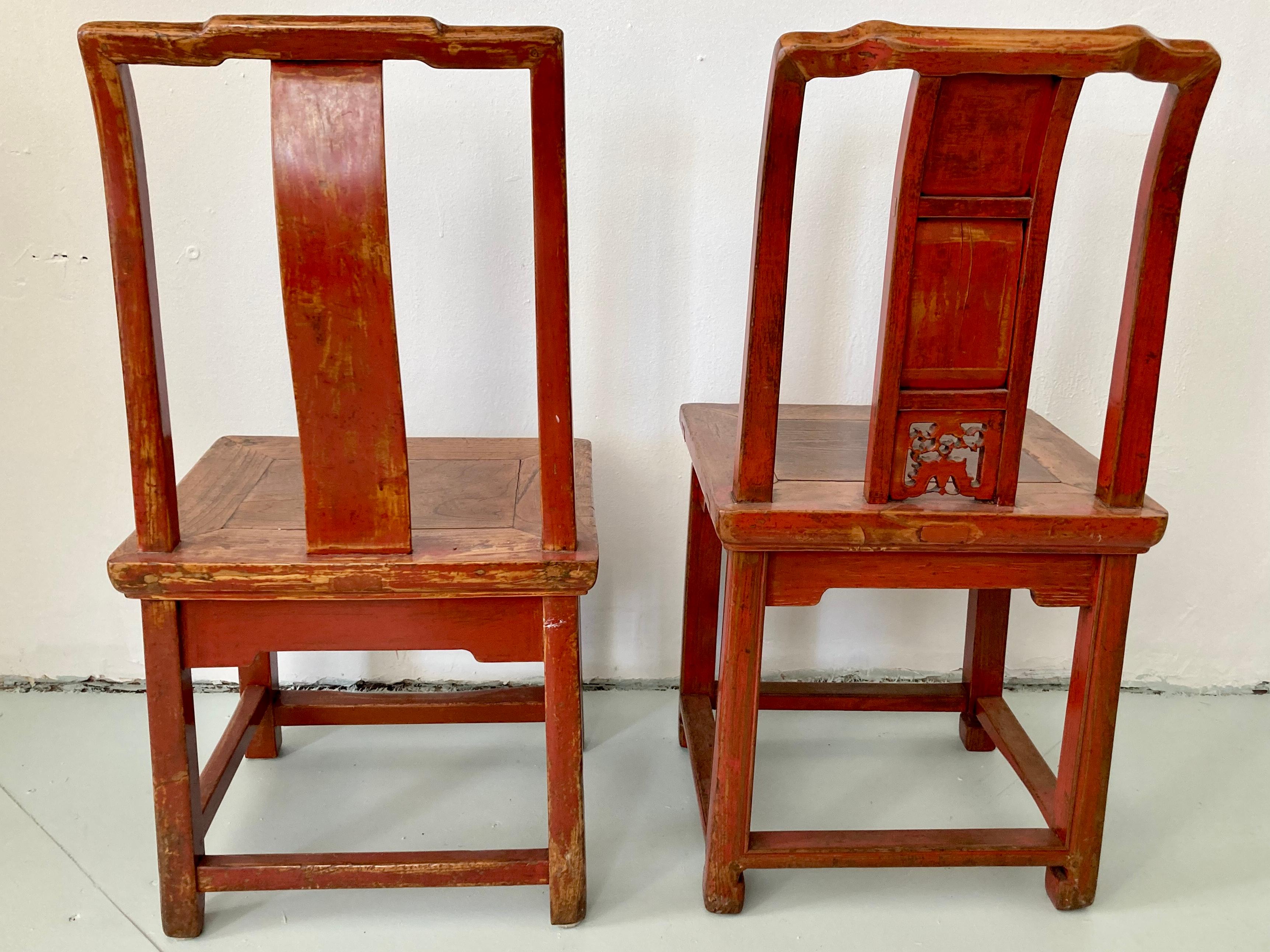 19th Century Wood Chinese Red Side Chairs, a Pair For Sale