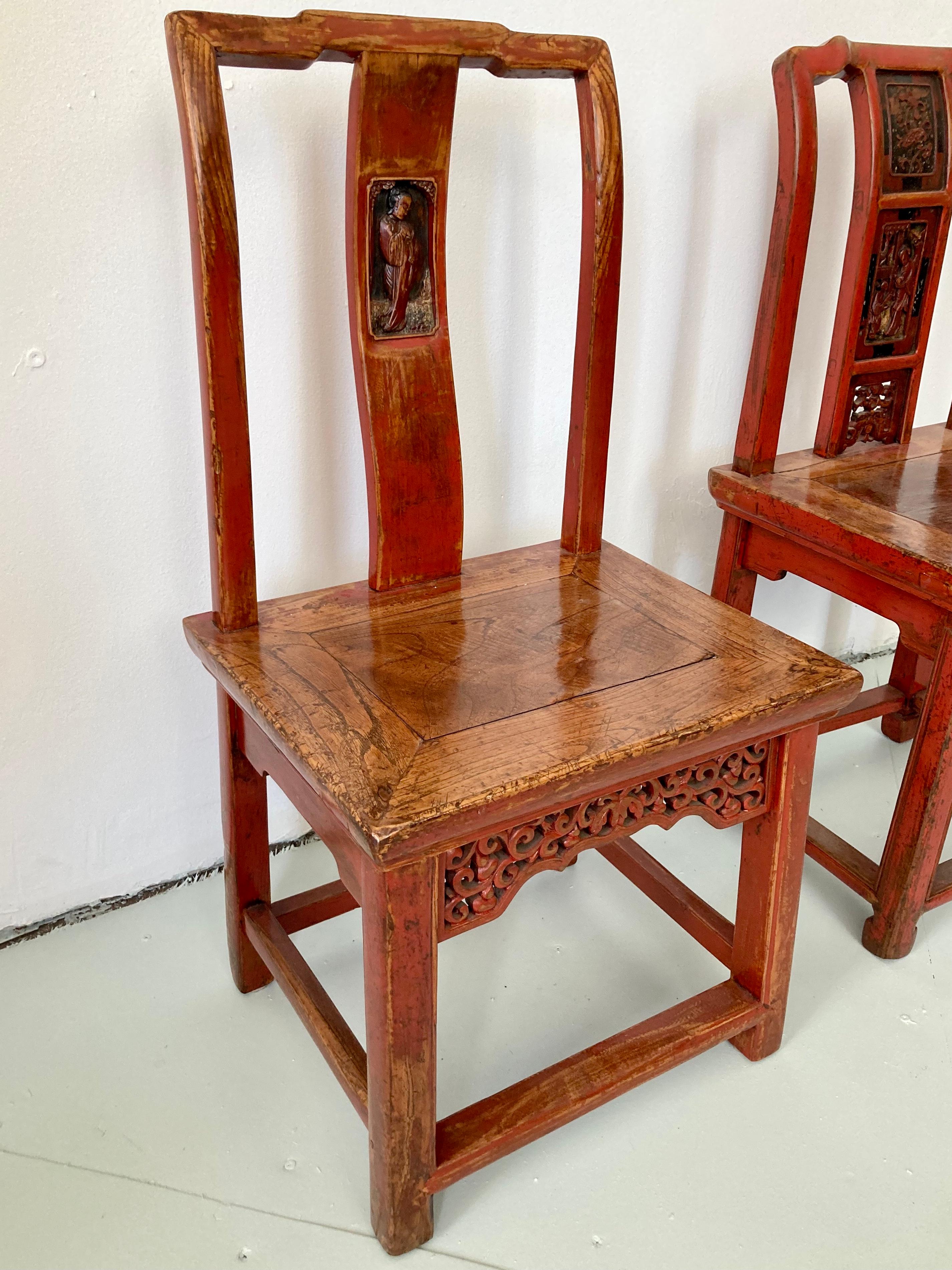 Wood Chinese Red Side Chairs, a Pair For Sale 1