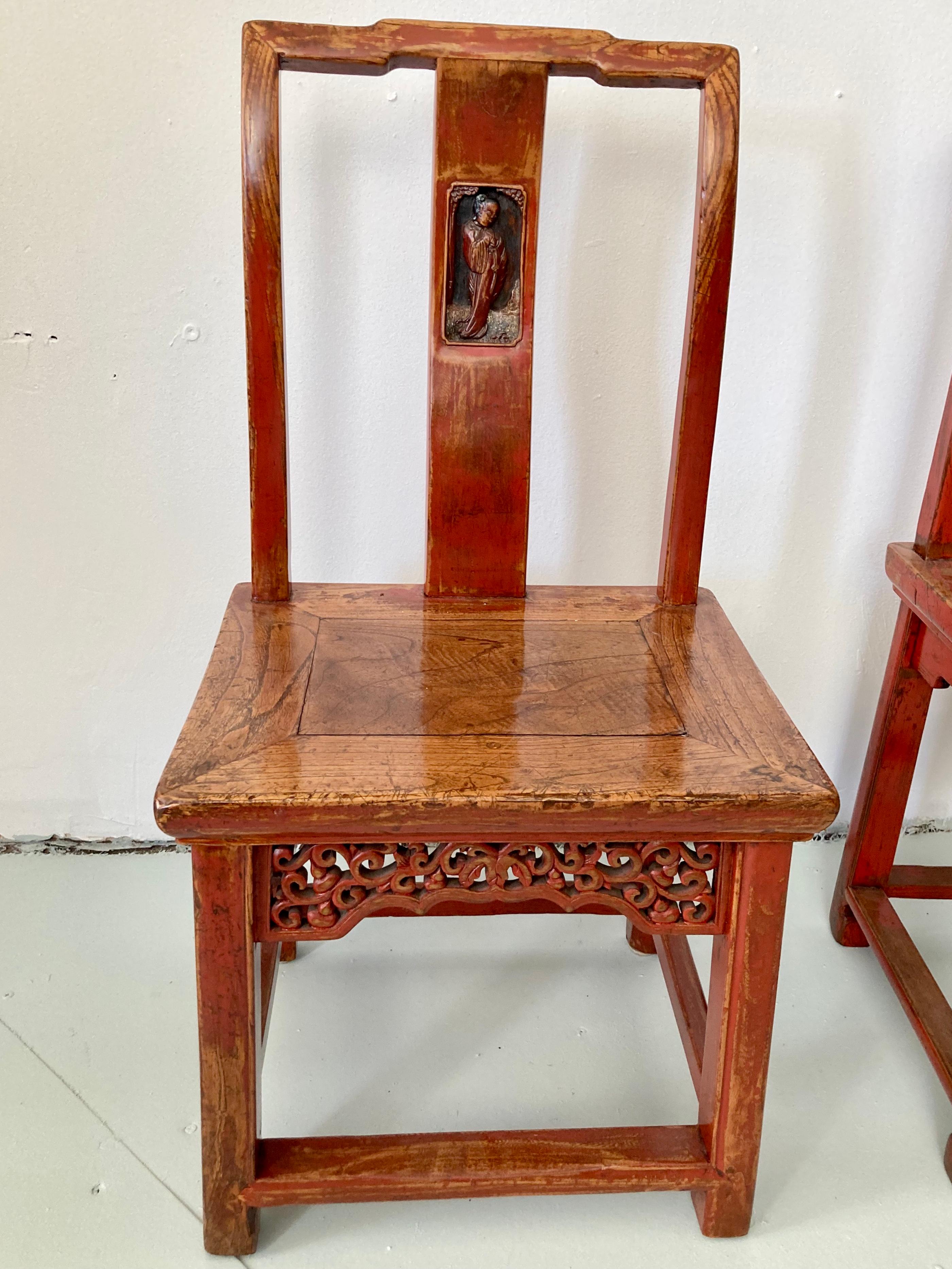 Wood Chinese Red Side Chairs, a Pair For Sale 2