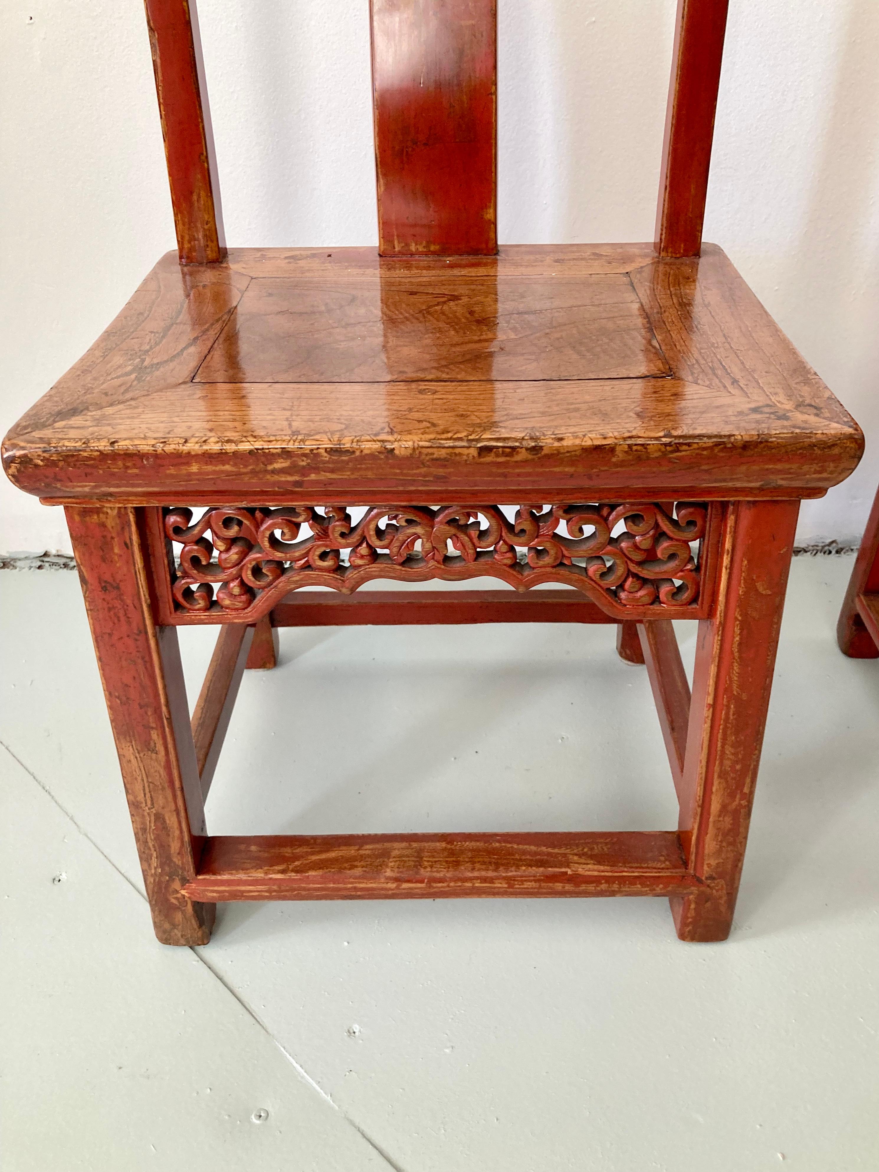 Wood Chinese Red Side Chairs, a Pair For Sale 4