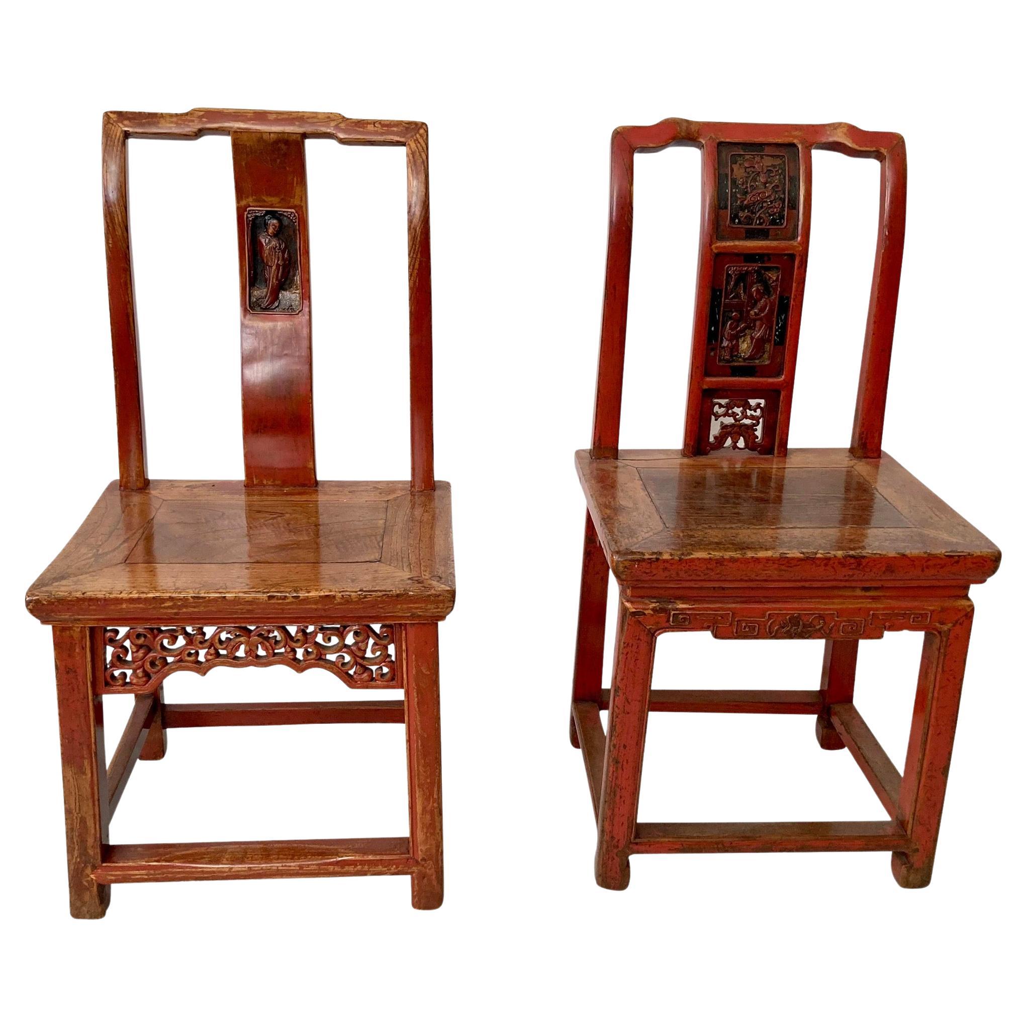 Wood Chinese Red Side Chairs, a Pair For Sale