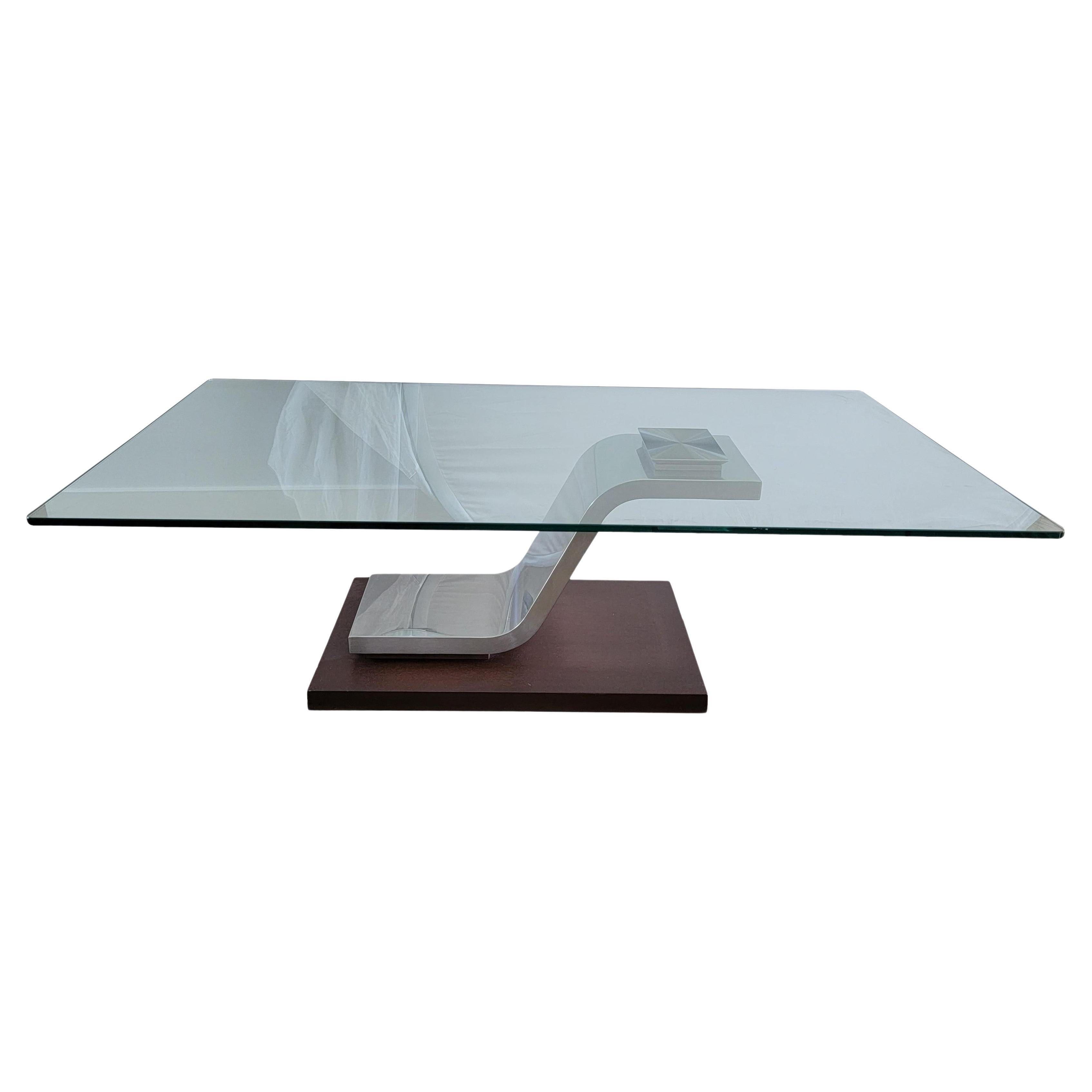Table basse en bois, chrome et verre