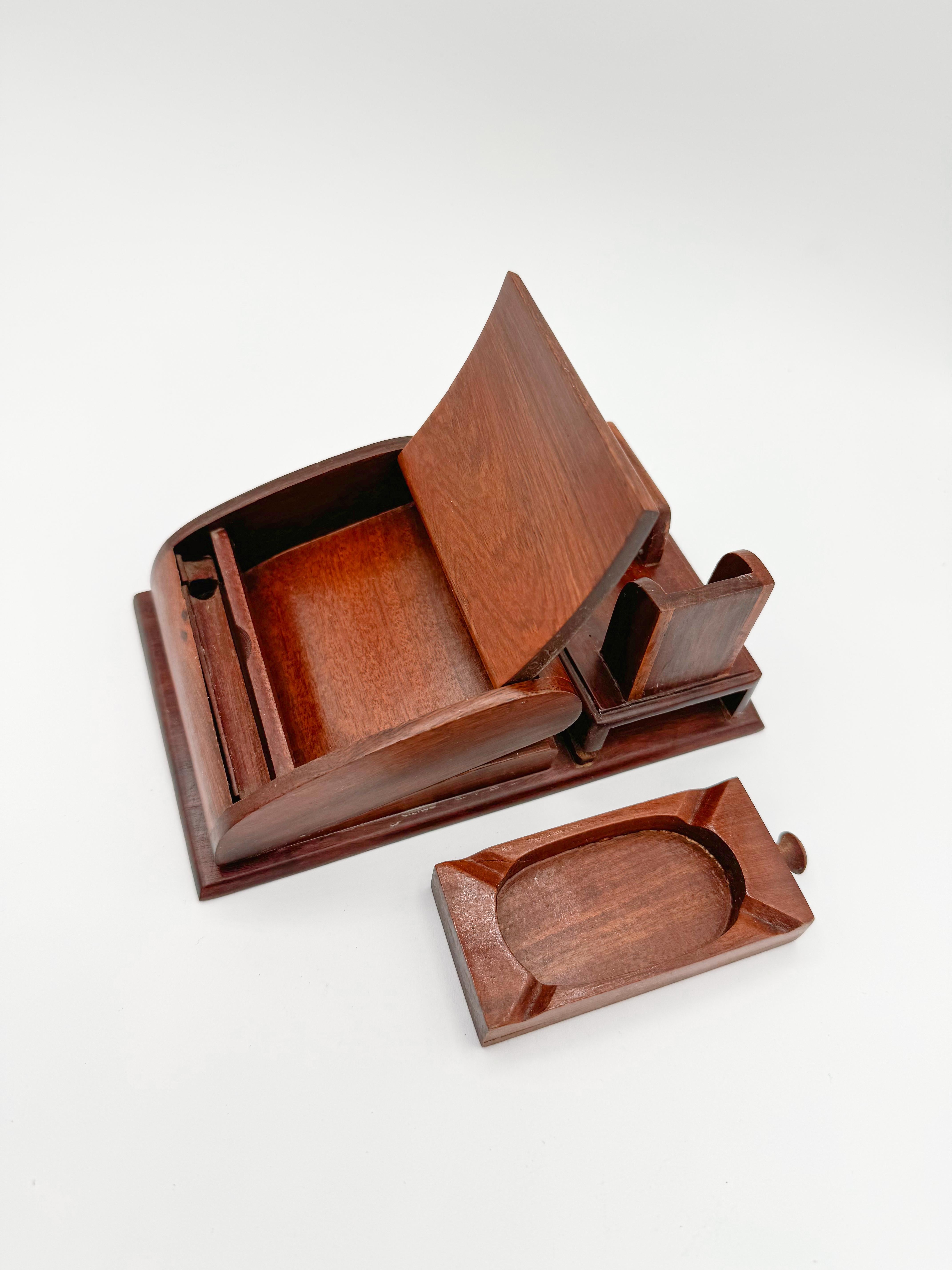 Unknown Wood Cigarette Dispenser Ashtray  Hand Carved Made Mother of Pearls Inlay