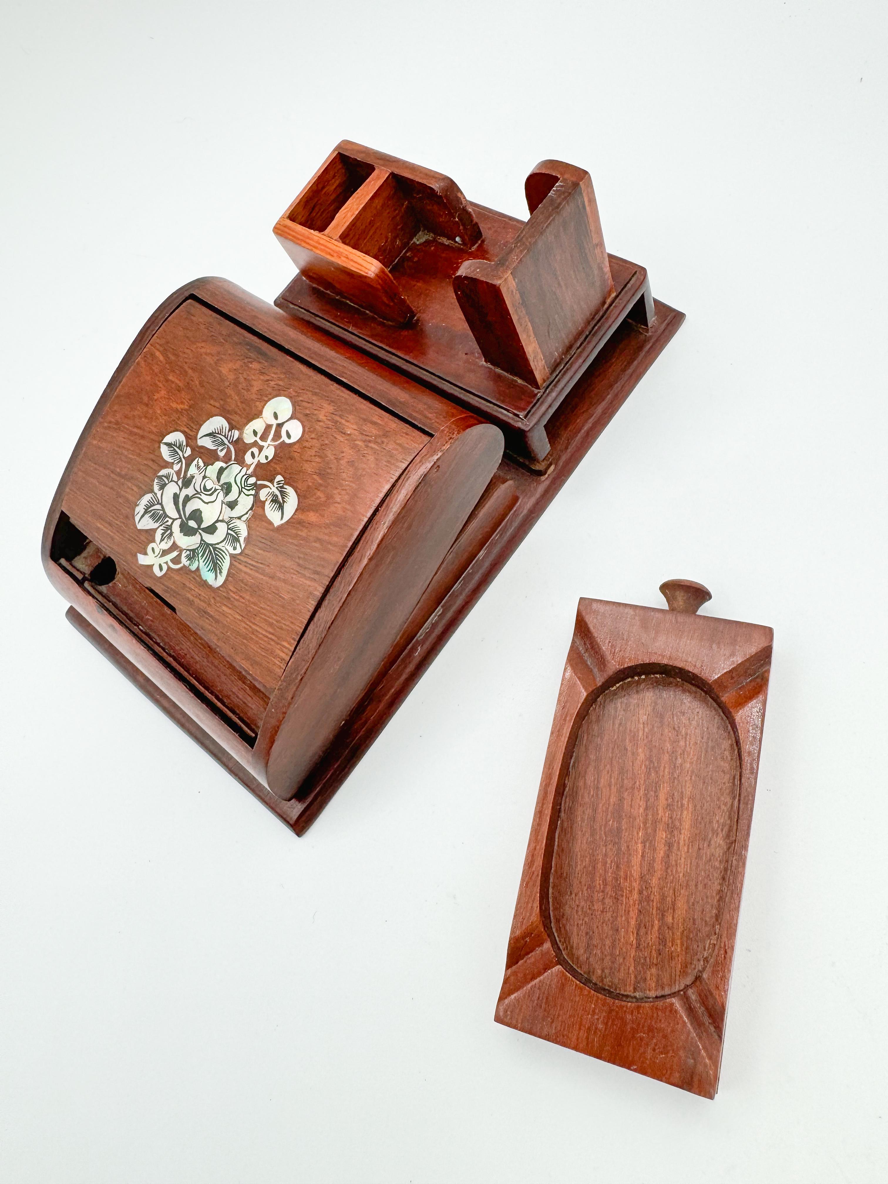 Hand-Carved Wood Cigarette Dispenser Ashtray  Hand Carved Made Mother of Pearls Inlay