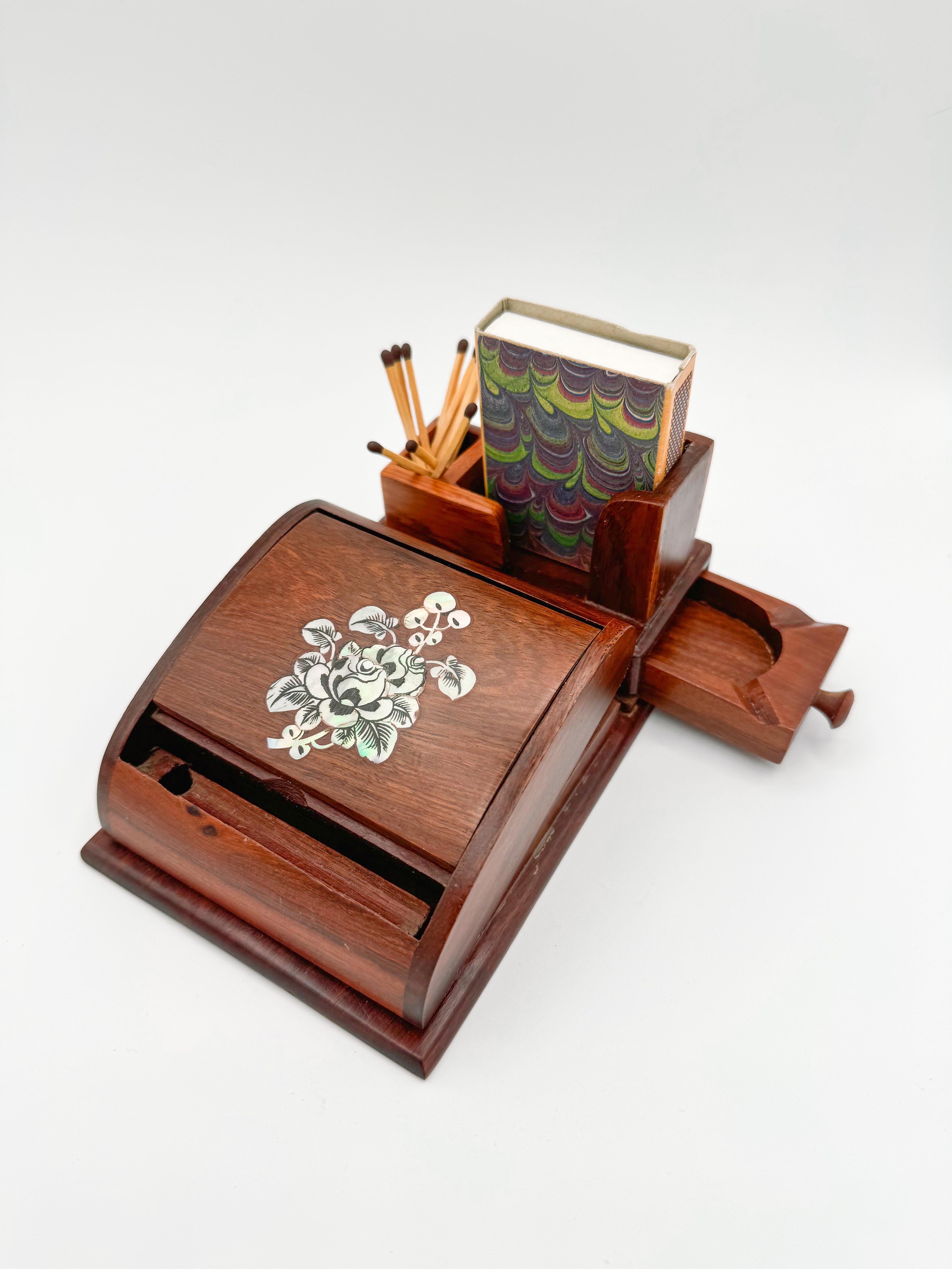 Wood Cigarette Dispenser Ashtray  Hand Carved Made Mother of Pearls Inlay In Good Condition In Toronto, CA