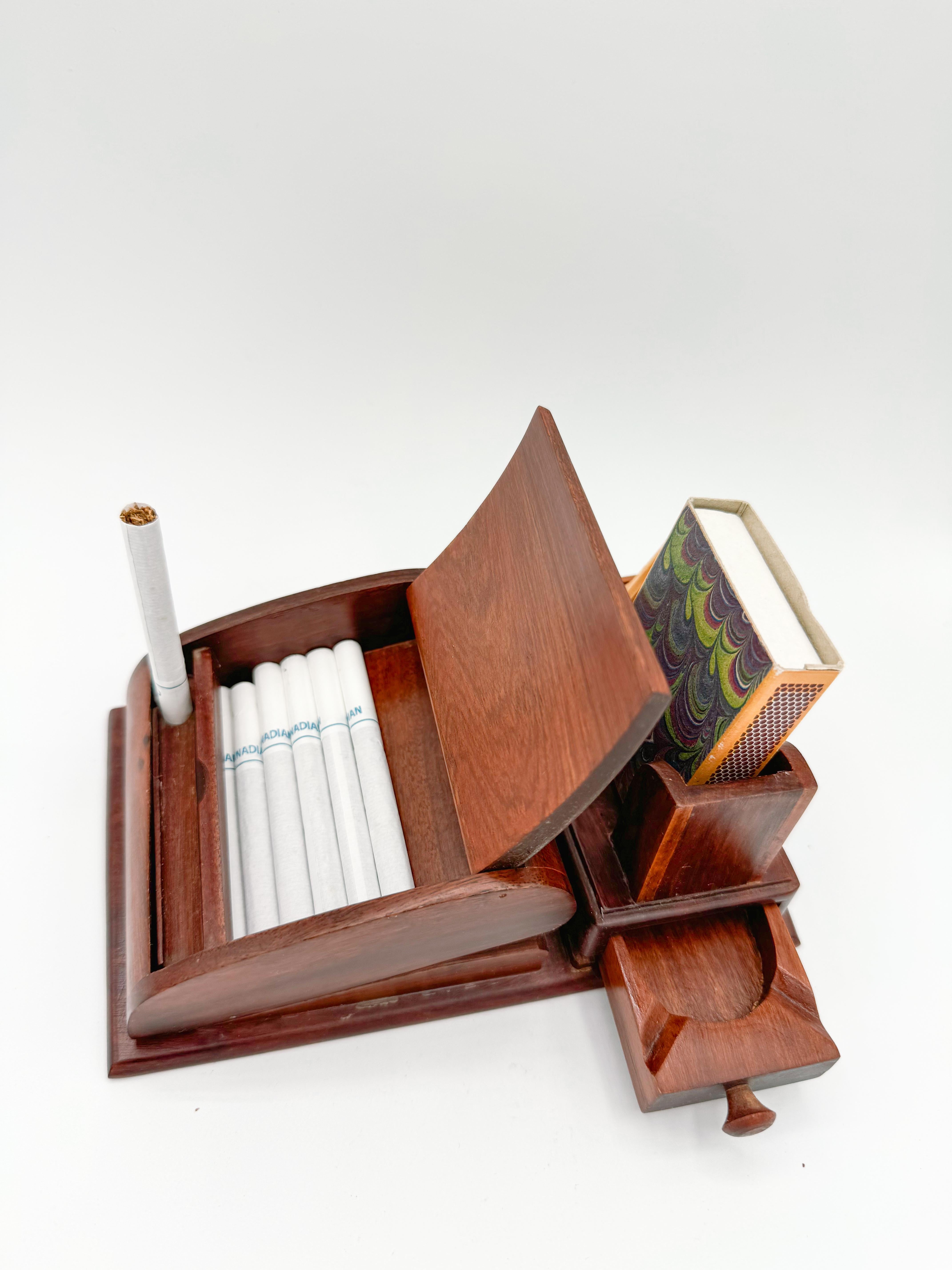 20th Century Wood Cigarette Dispenser Ashtray  Hand Carved Made Mother of Pearls Inlay