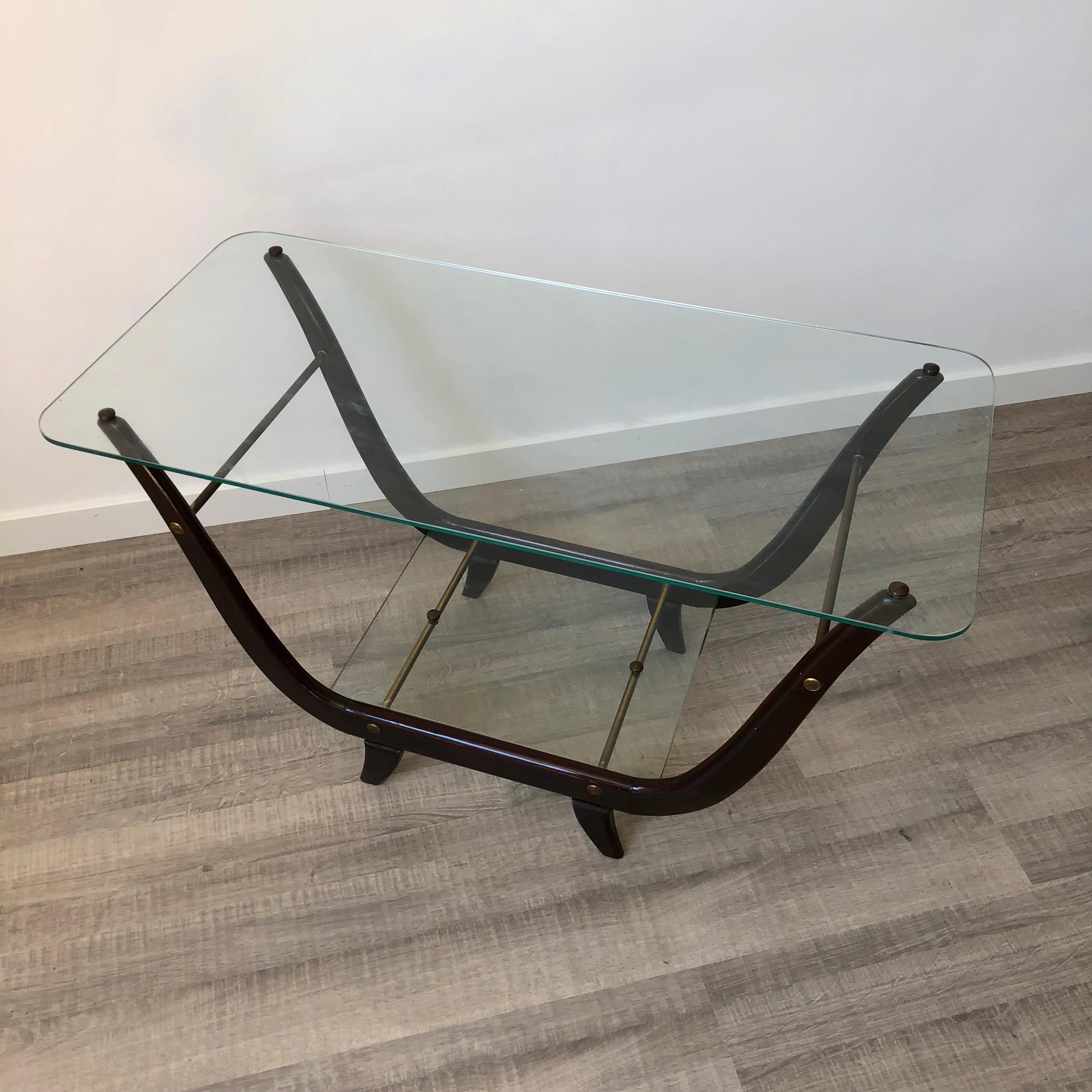 Mid-Century Modern Wood Coffee Table in the Style of Gio Ponti Glass and Mahogany, 1950s, Italy For Sale