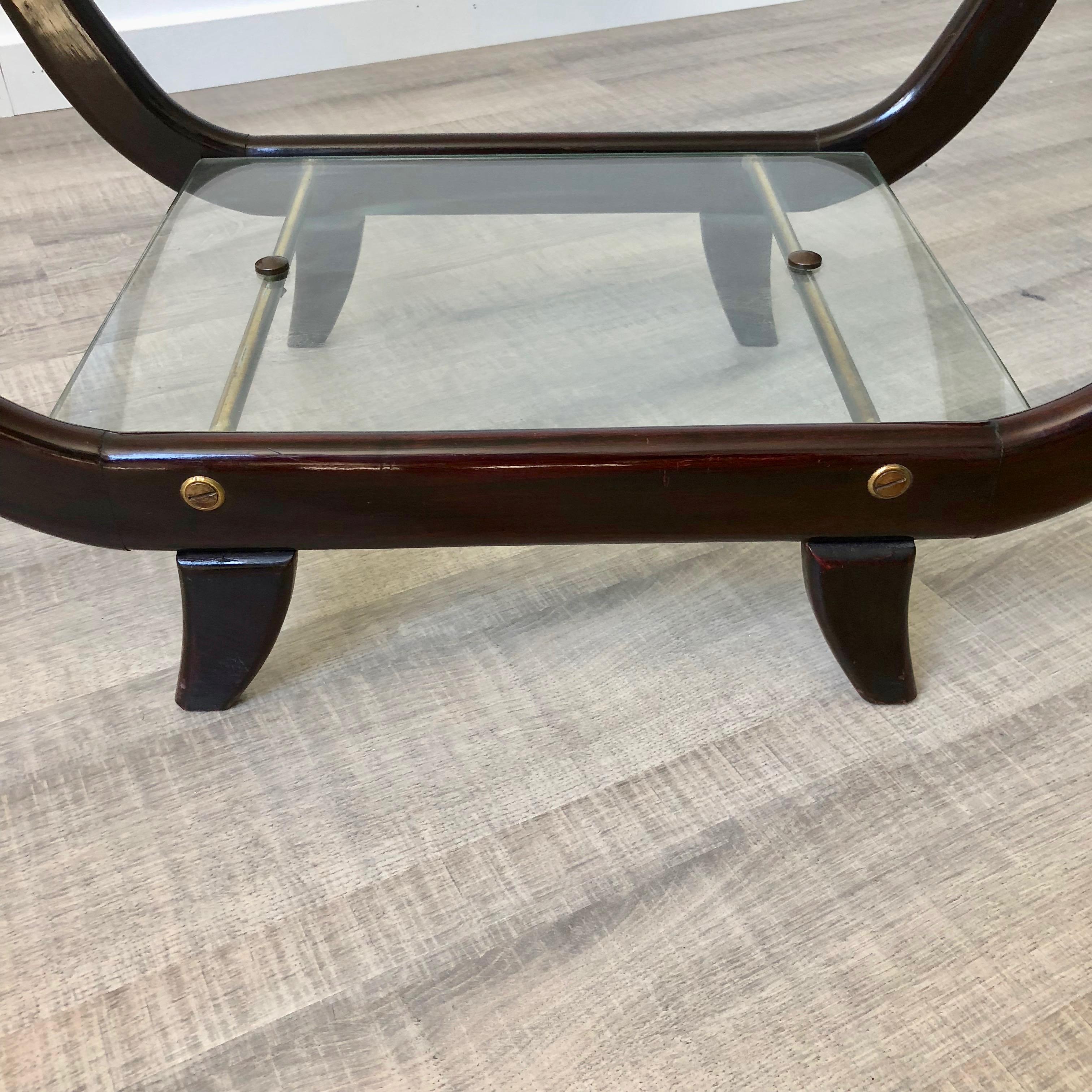 Brass Wood Coffee Table in the Style of Gio Ponti Glass and Mahogany, 1950s, Italy For Sale