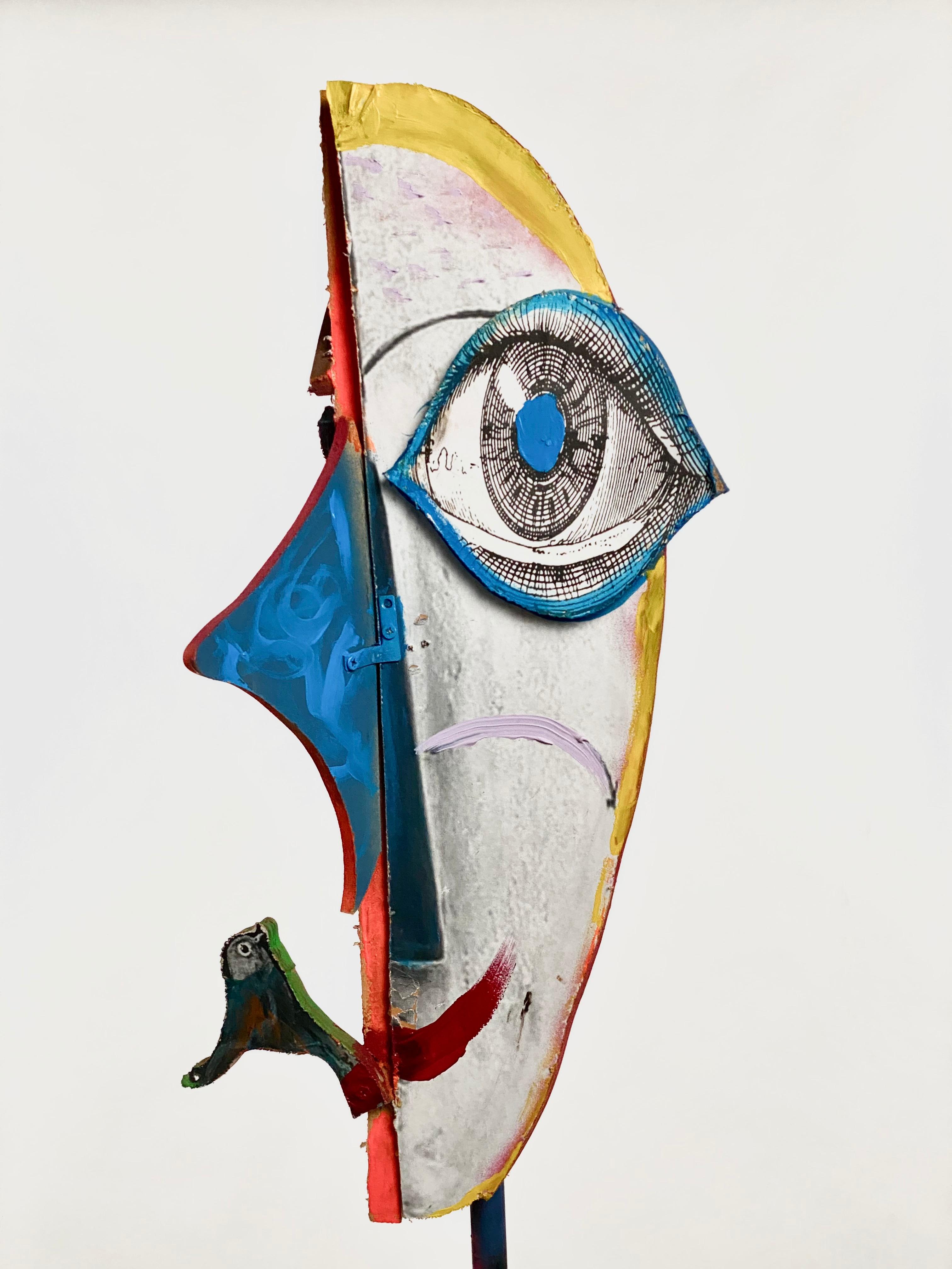 Contemporary Wood Collage Multicolor Sculptural Figure Face, 21st Century by Mattia Biagi For Sale